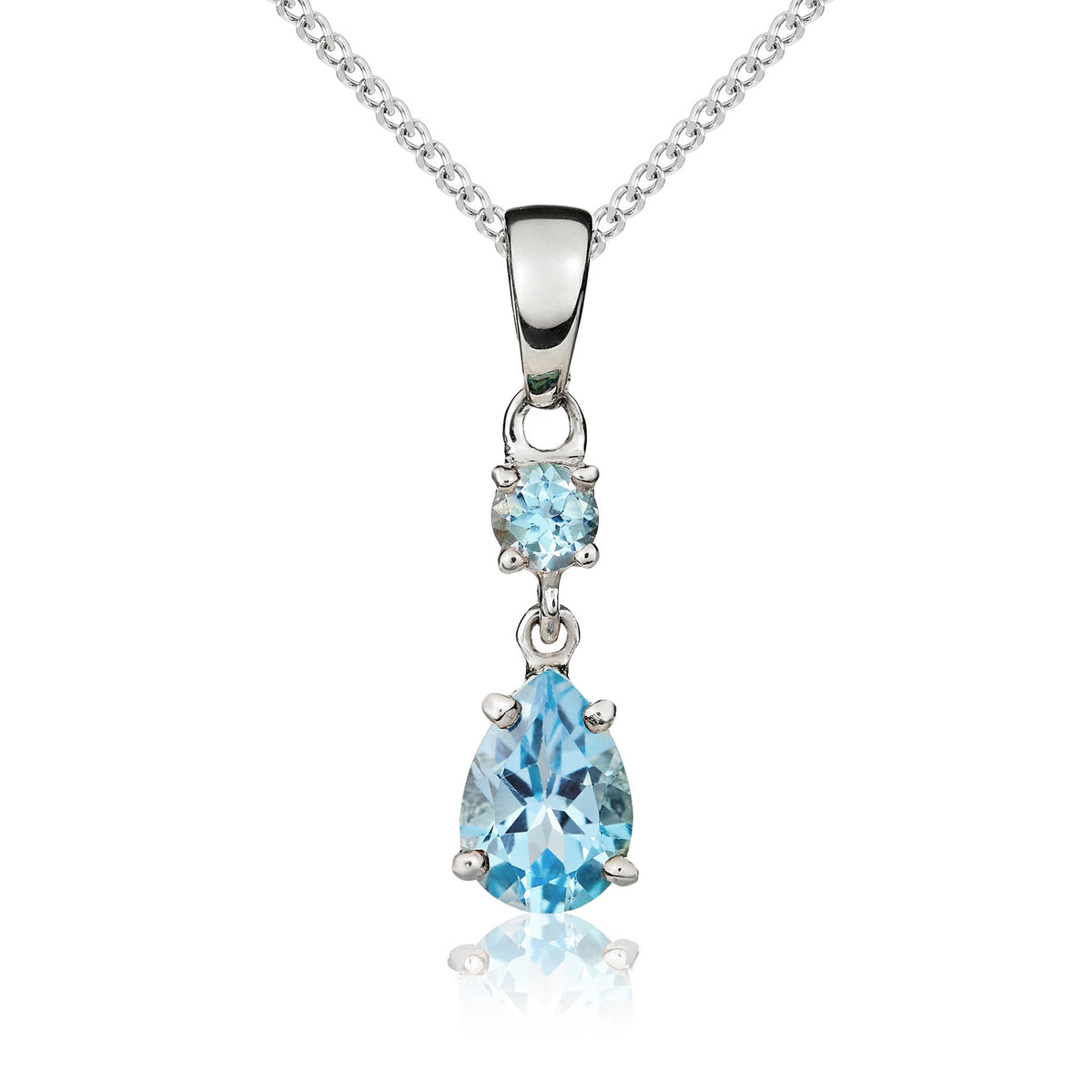9ct White Gold Round and Pear Shape Swiss Blue Topaz Claw Set 2 Stone Drop Pendant