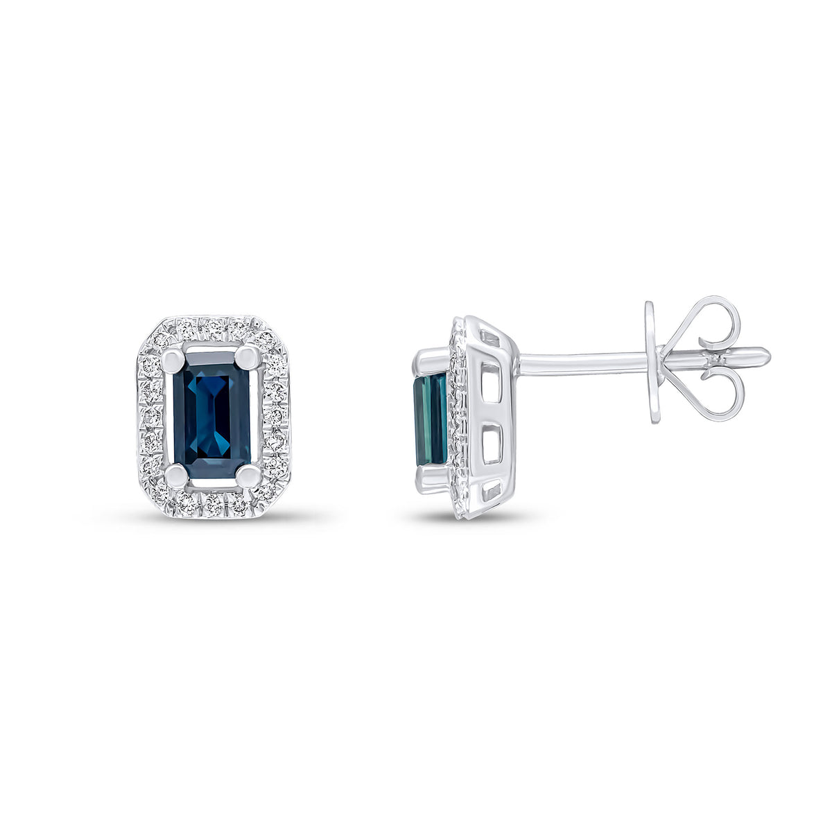 18ct White Gold Octagon Sapphire and Diamond Halo Cluster Earrings