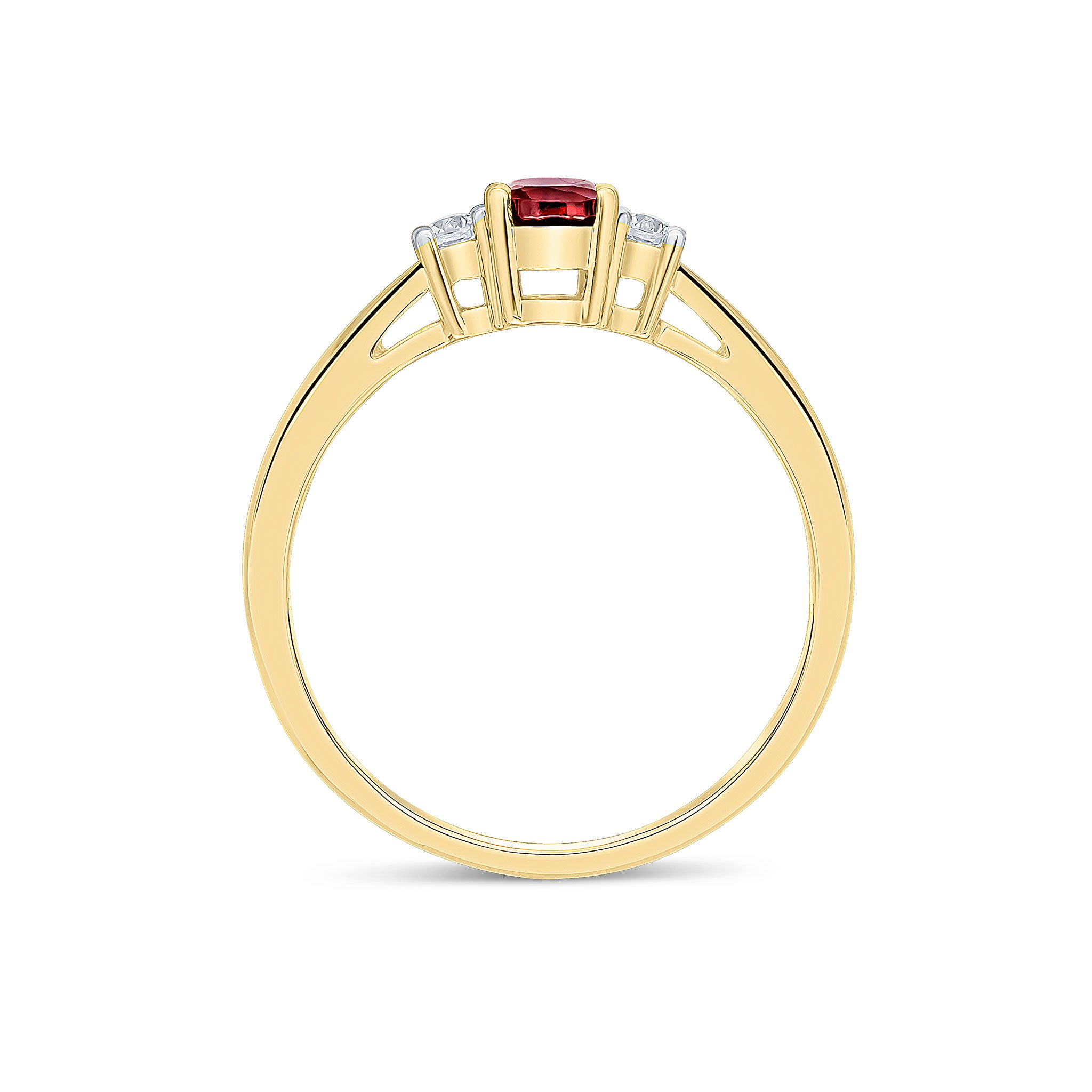 9CT YG 6X4 OVAL GARNET AND ROUND DIAMOND CLAW SET 3ST RING. RHODIUM TO DIAMONDS 1