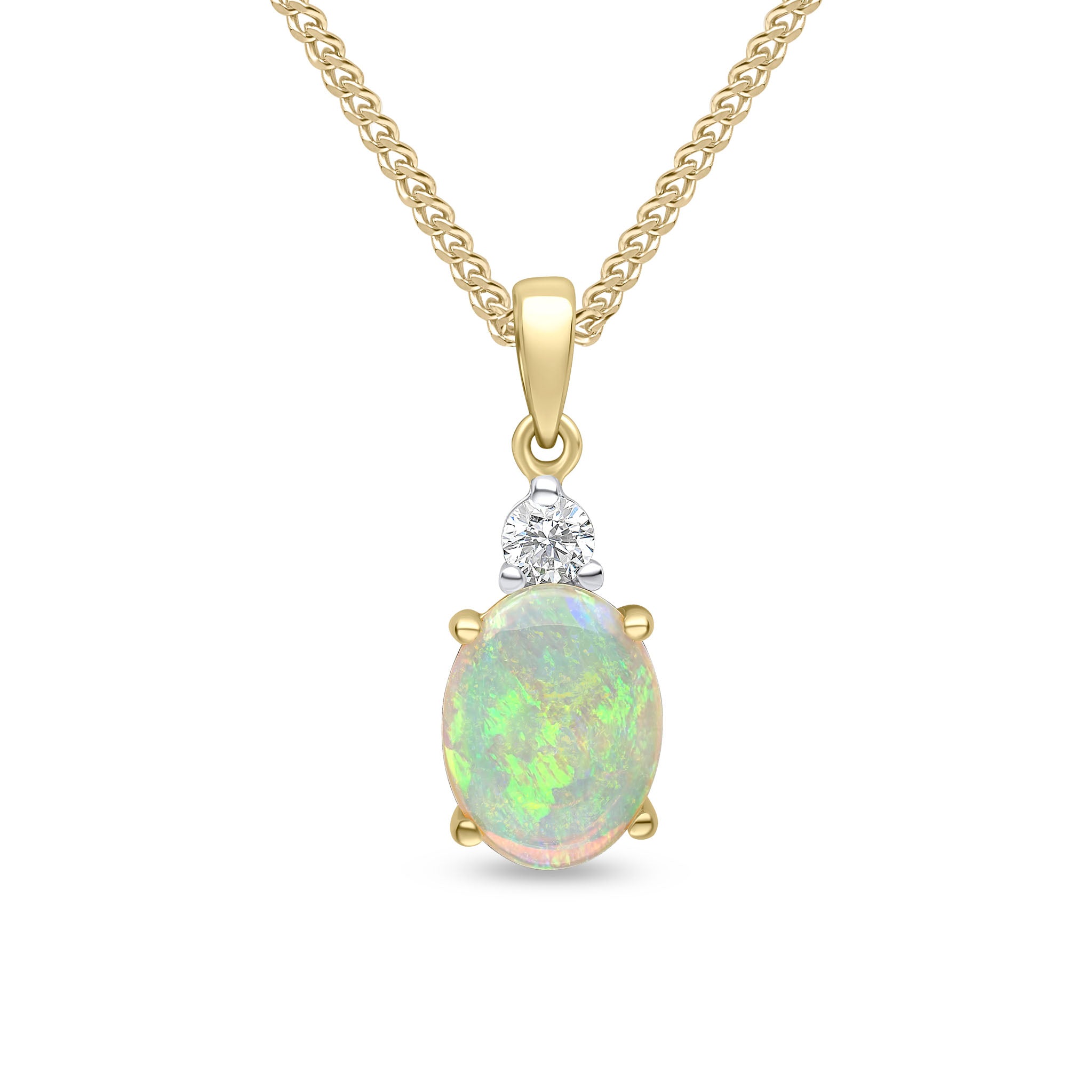 18ct Yellow Gold 9x7 Oval Opal & Round Diamond 2 Stone Pendant Rhodium to Diamond