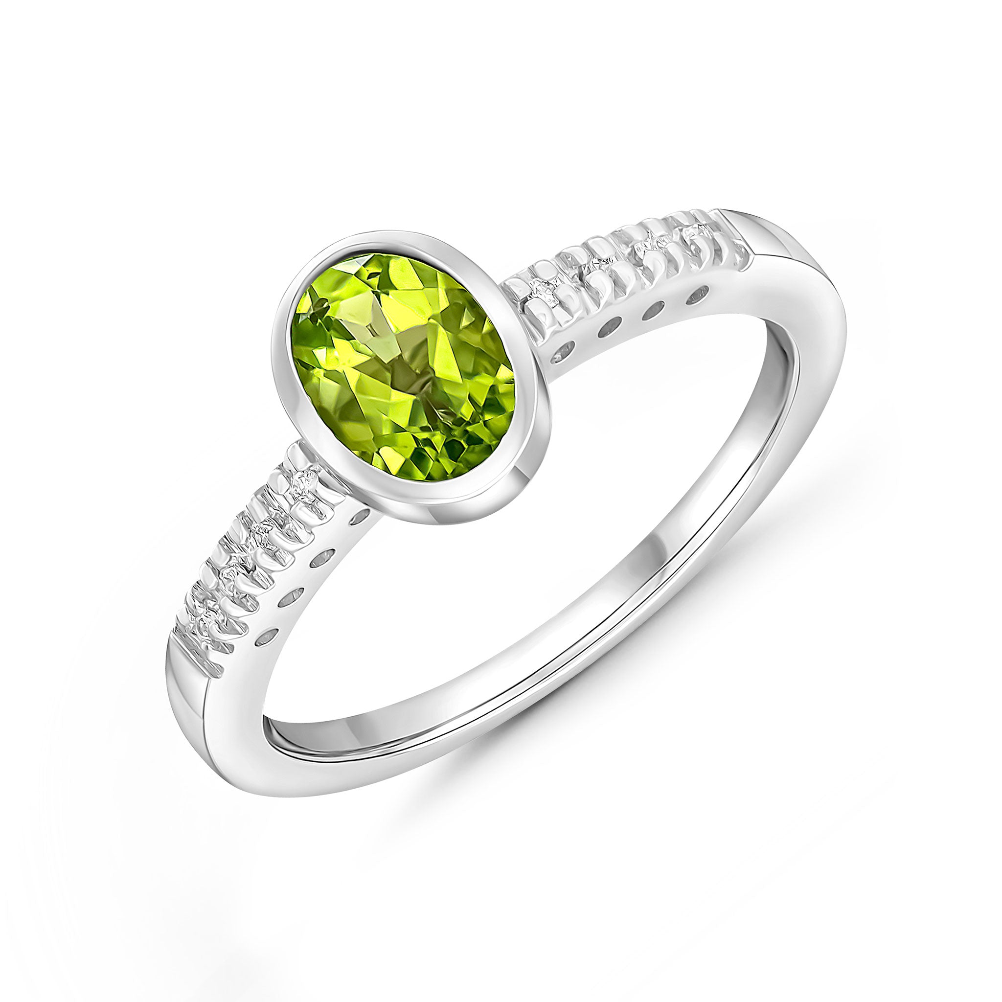 9CT WG RUBOVER 7X5 OVAL PERIDOT SINGLE STONE RING WITH CLAW SET DIAMOND SHOULDERS 1