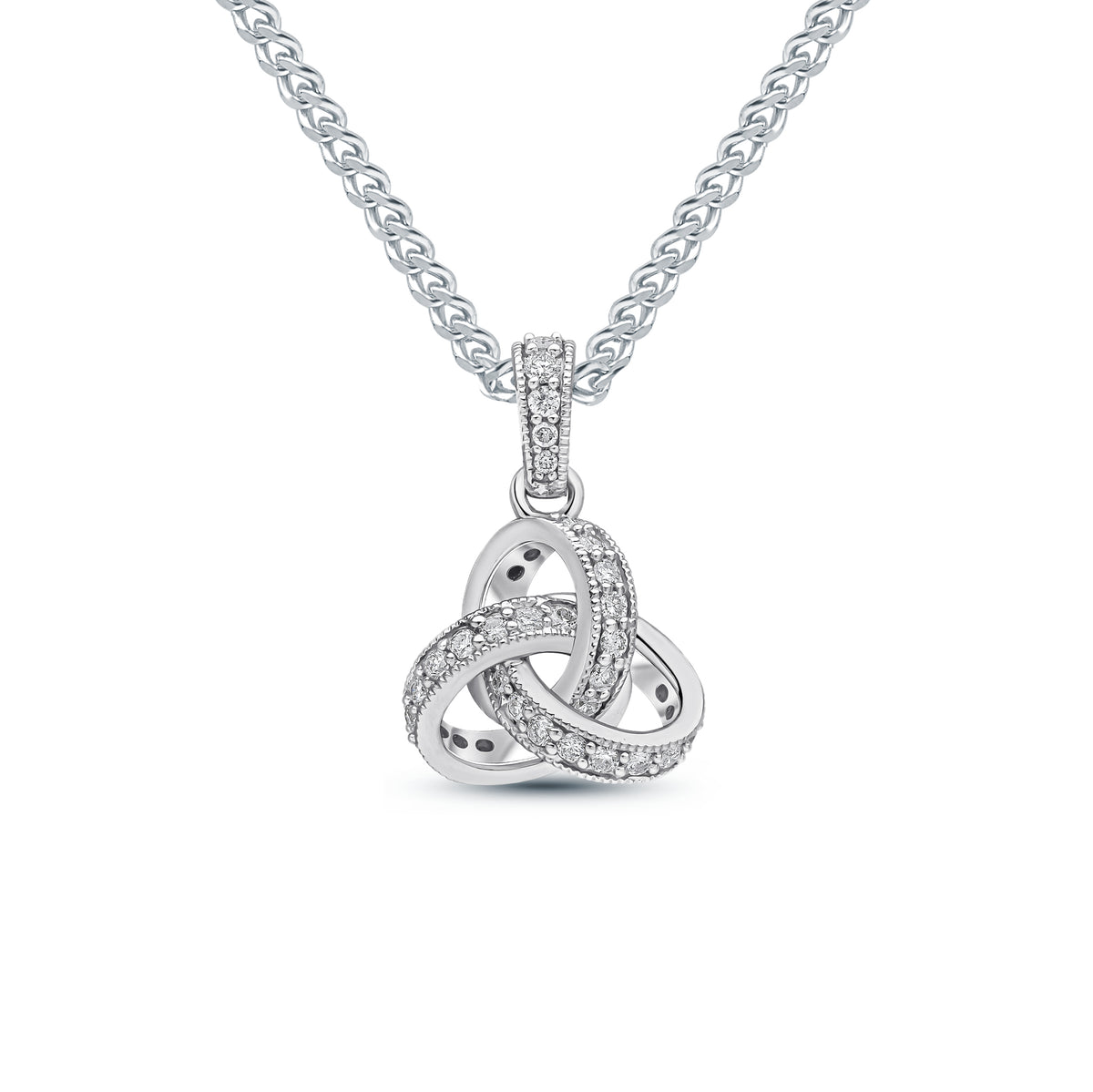 18ct White Gold Round Diamond Grain Set Knot Pendant with Diamond Set Loop Top Small