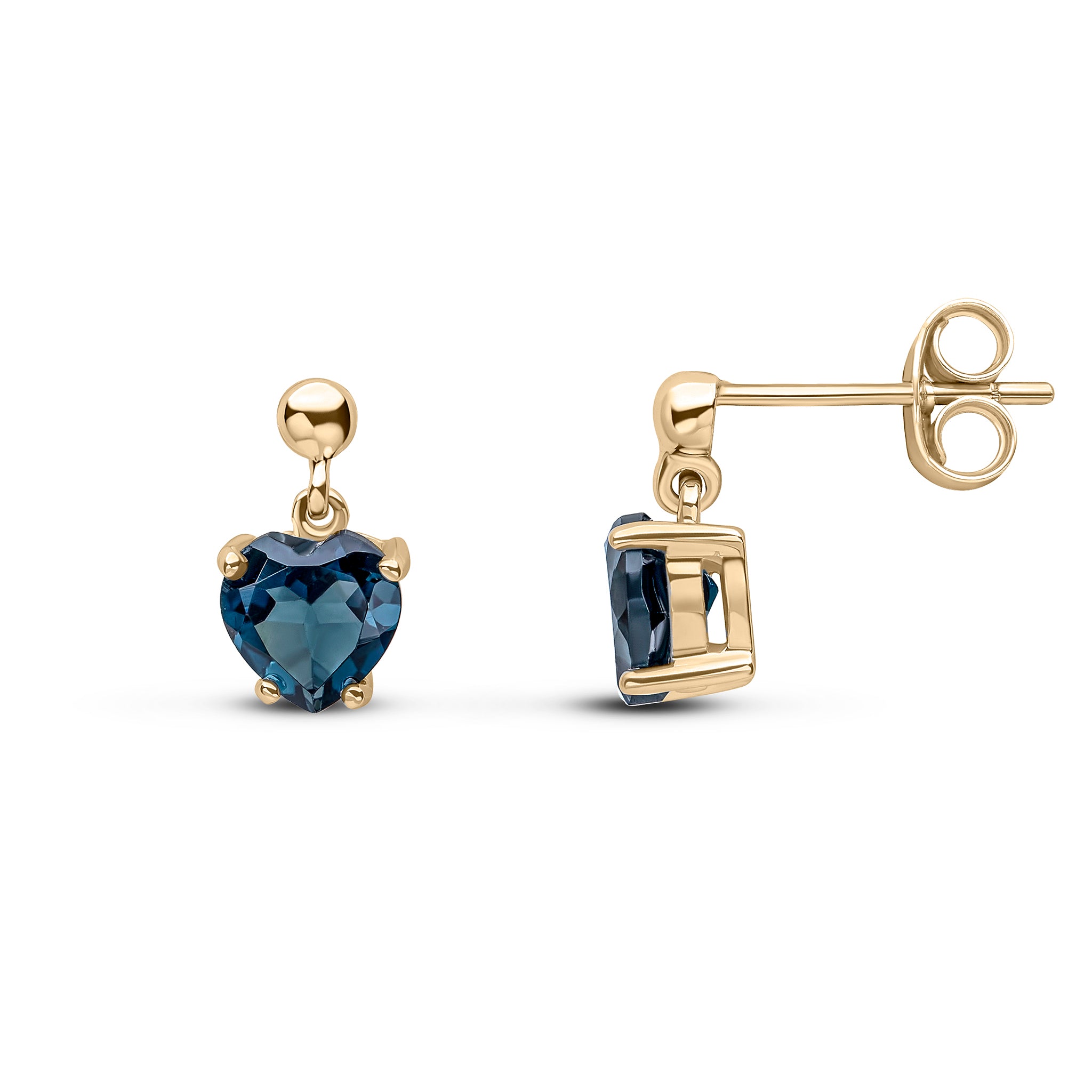 9ct Yellow Gold 6mm Heart Shape London Blue Topaz Claw Set Drop Earrings with 3mm Bead Top