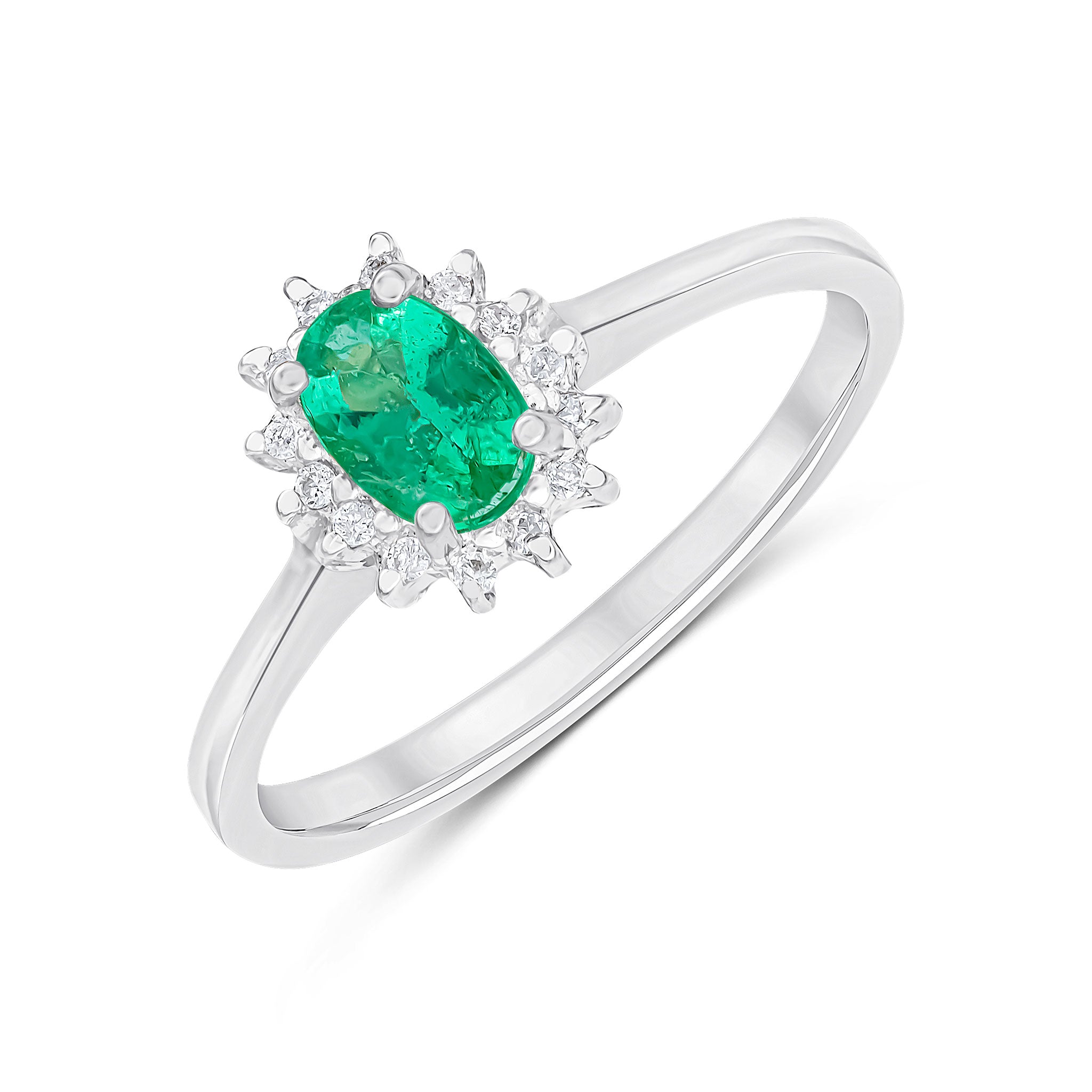 9ct White Gold 6x4 Oval Emerald & Diamond Claw Set Cluster Ring