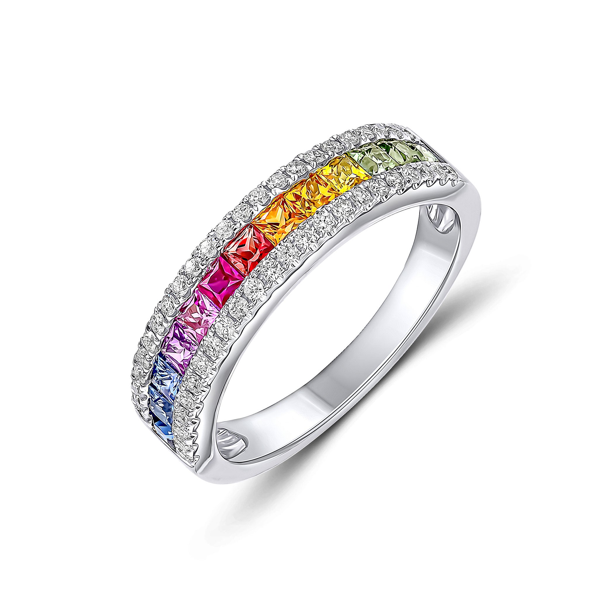 18ct White Gold Square Multi-Sapphire & Diamond 3 Row Band Ring