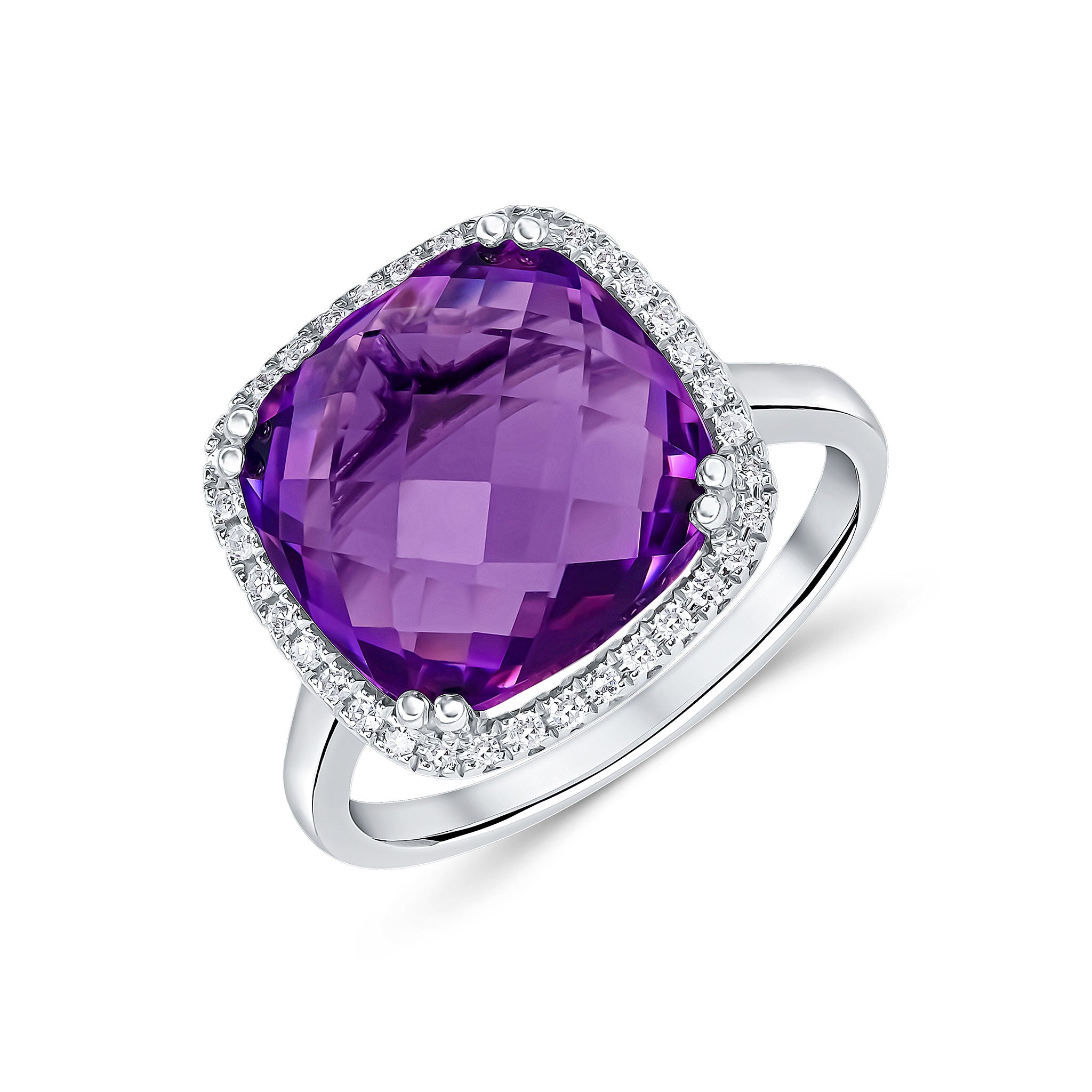 9ct White Gold 12mm Checkerboard Cut Cushion Amethyst and Round Diamond Claw Set Cluster Ring
