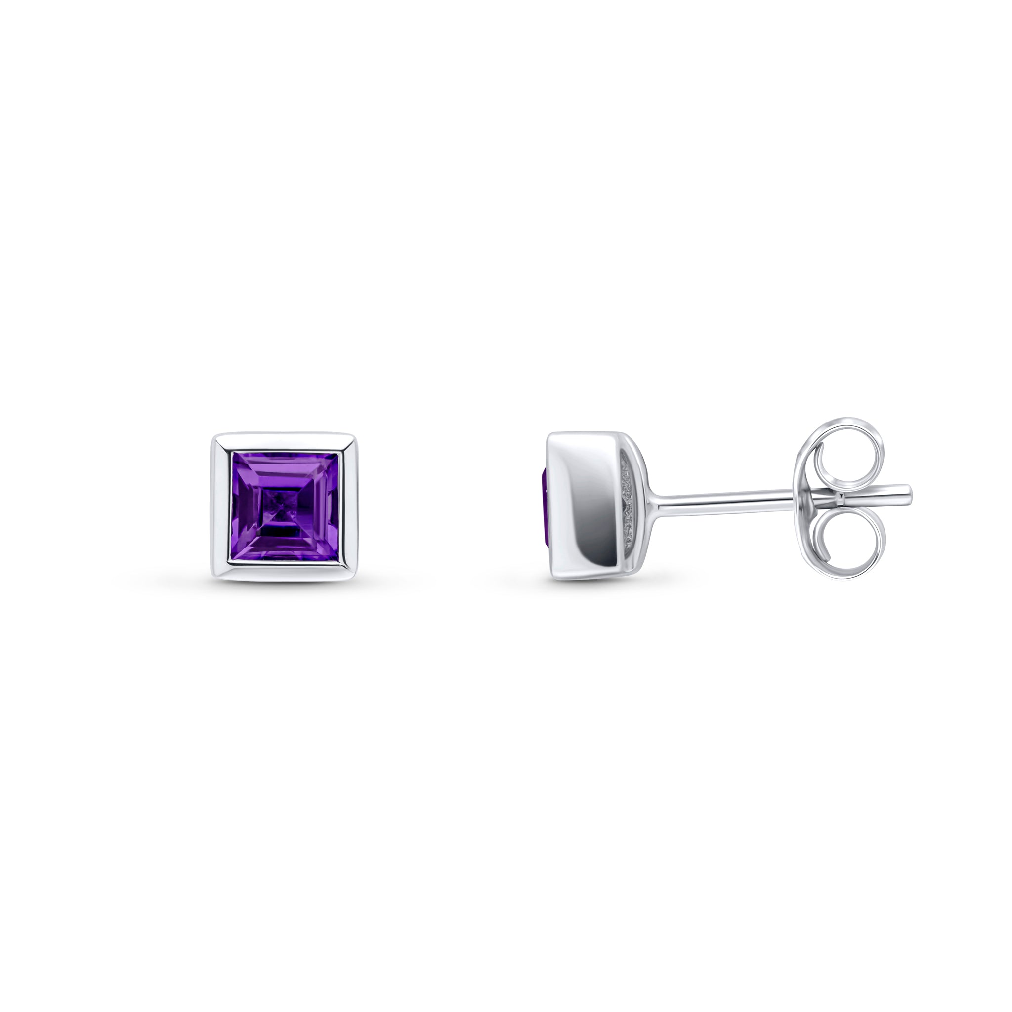 9ct White Gold 4mm Square Amethyst Rubover Set Earrings