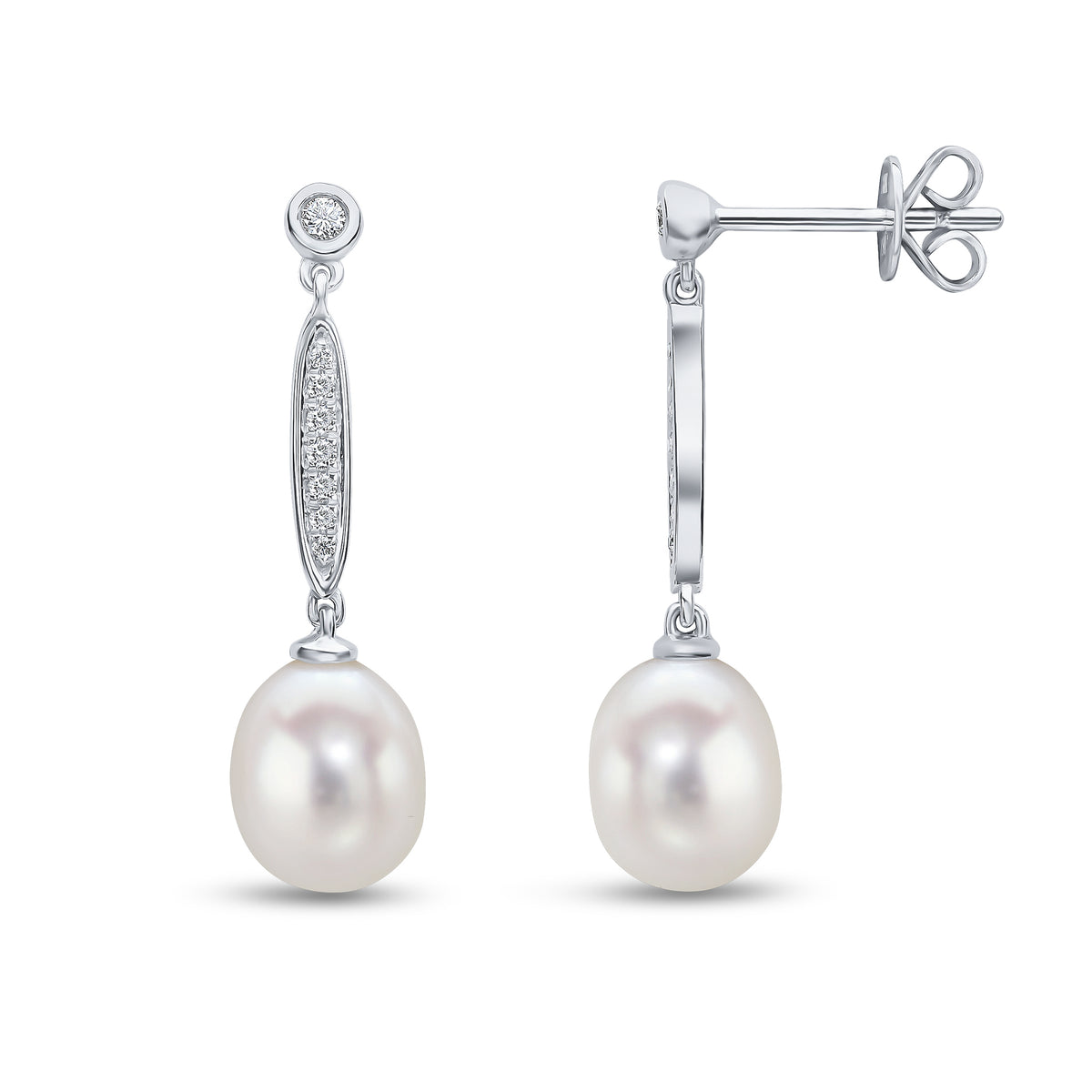 18ct White Gold Cfw Pearl and Grain Set Diamond Bar Drop Earrings with Rubover Round Diamond Stud Top