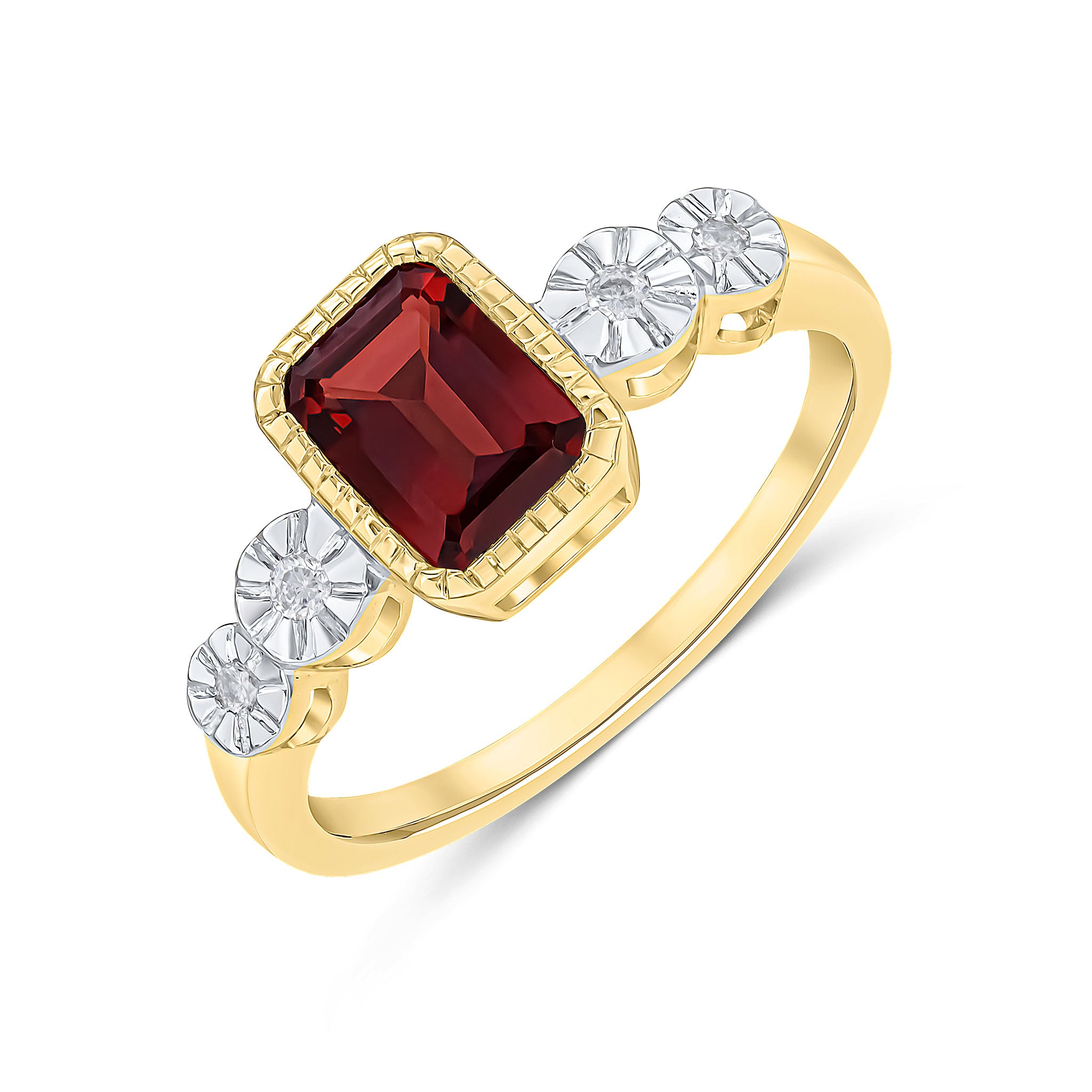 9ct Yellow Gold Milgrain Octagon Garnet and Illusion Diamond 2 Stone Shoulders Ring