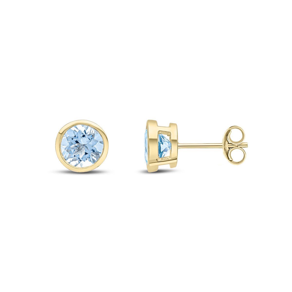 9ct Yellow Gold 6mm Round Aquamarine Rubover Earrings