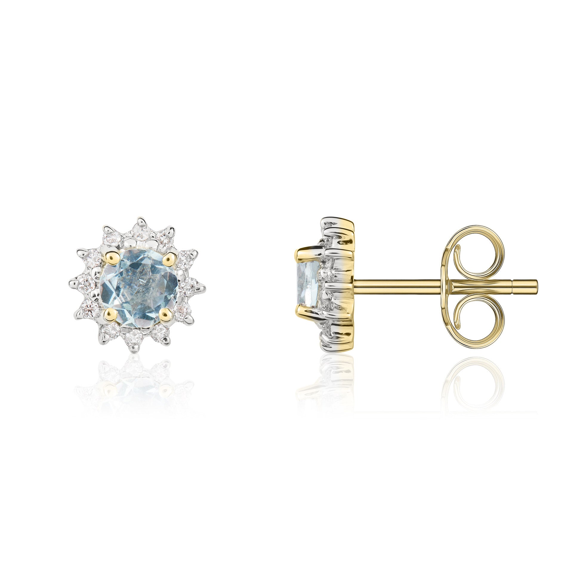 9ct Yellow Gold 4mm Round Aquamarine & Diamond Claw Set Cluster Earrings Rhodium to Diamonds