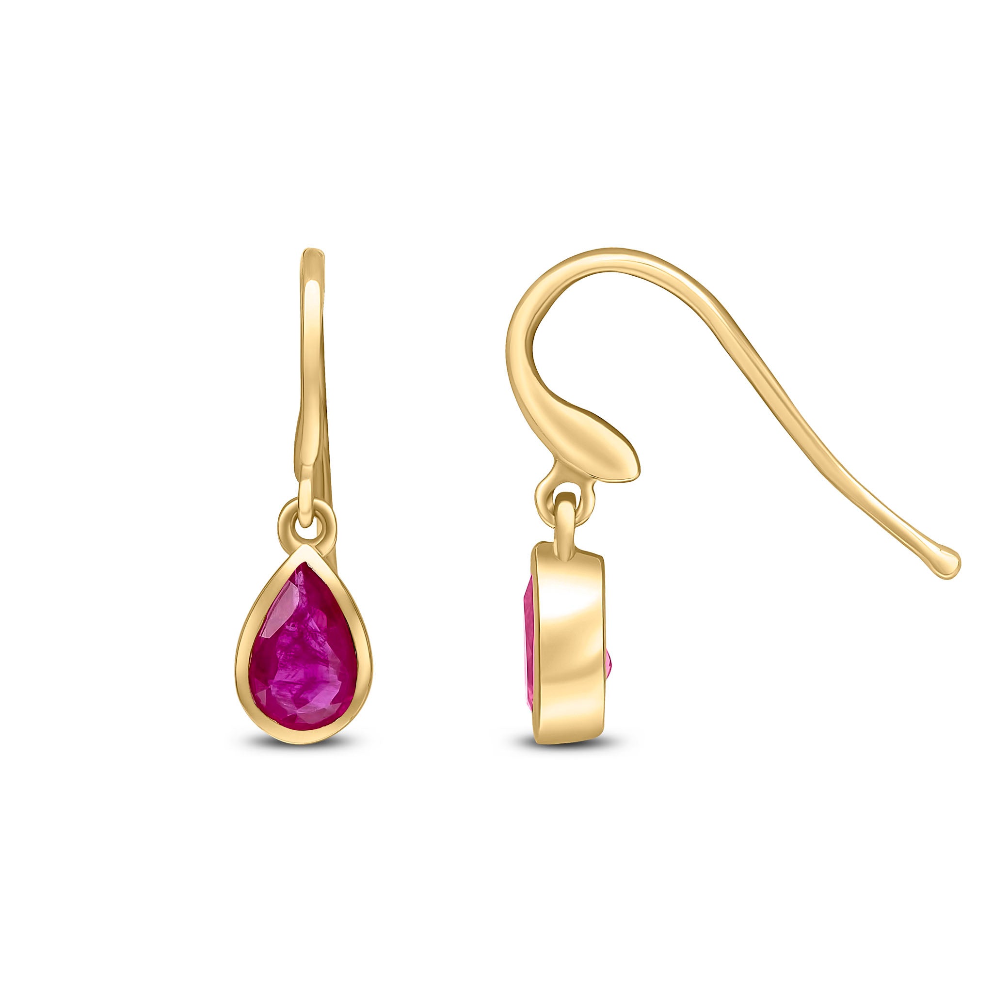 9ct Yellow Gold 6x4 Pear Shape Ruby Rubover Drop Earrings Hook Wire Fitting