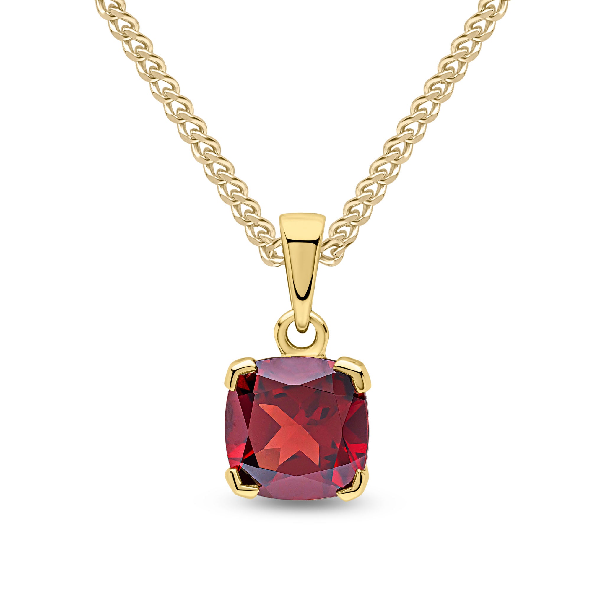 9ct Yellow Gold 8mm Cushion Garnet Claw Set Pendant