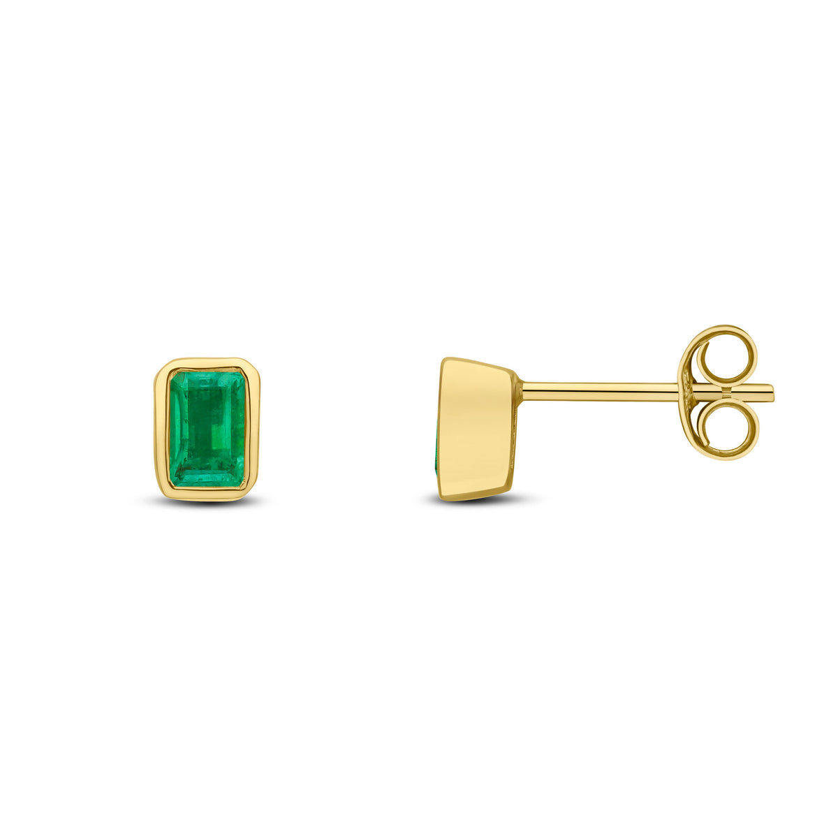 9ct Yellow Gold 5x3 Octagon Emerald Rubover Set Earrings