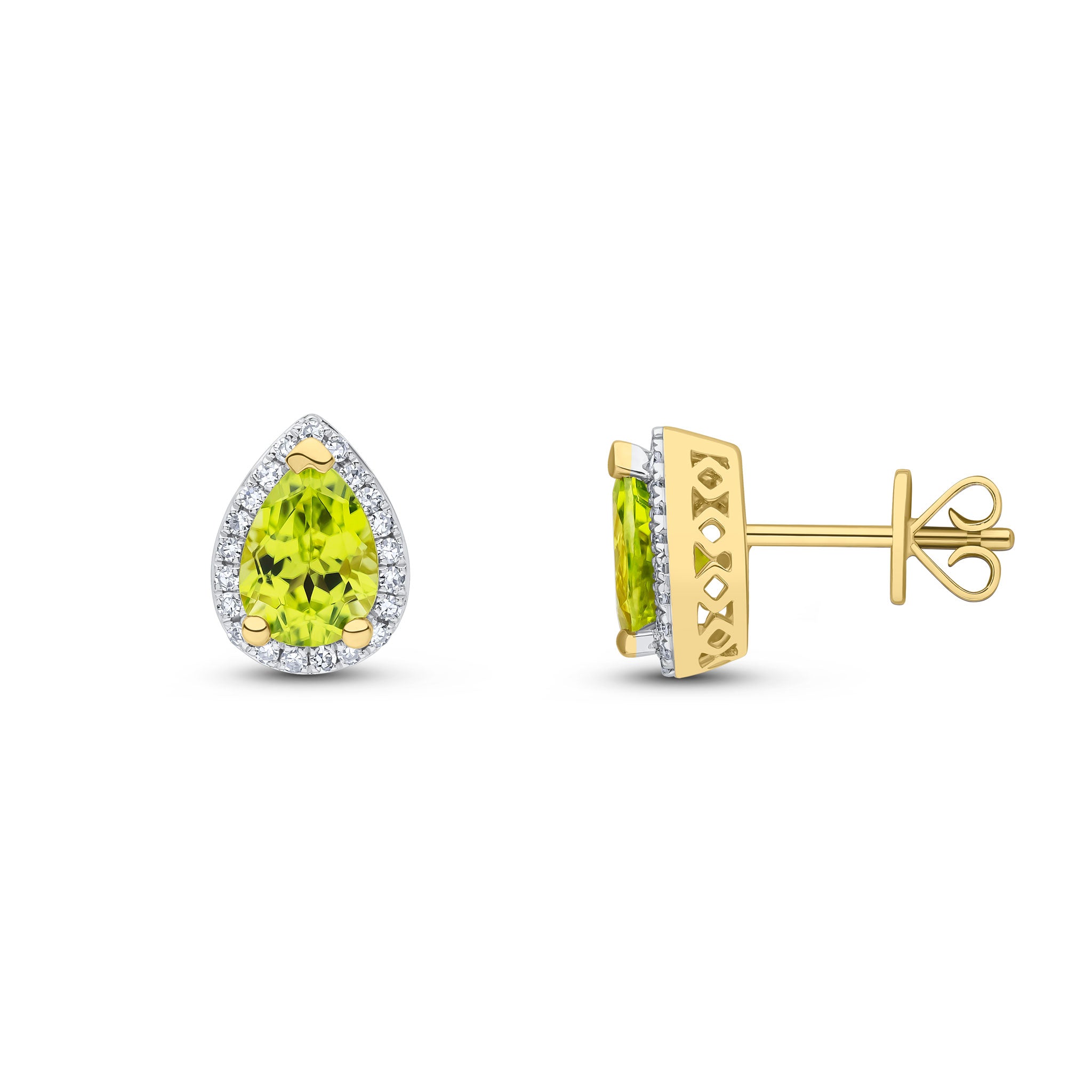 9ct Yellow Gold 7x5 Pear Shape Peridot & Diamond Cluster Earrings Rhodium to Diamonds