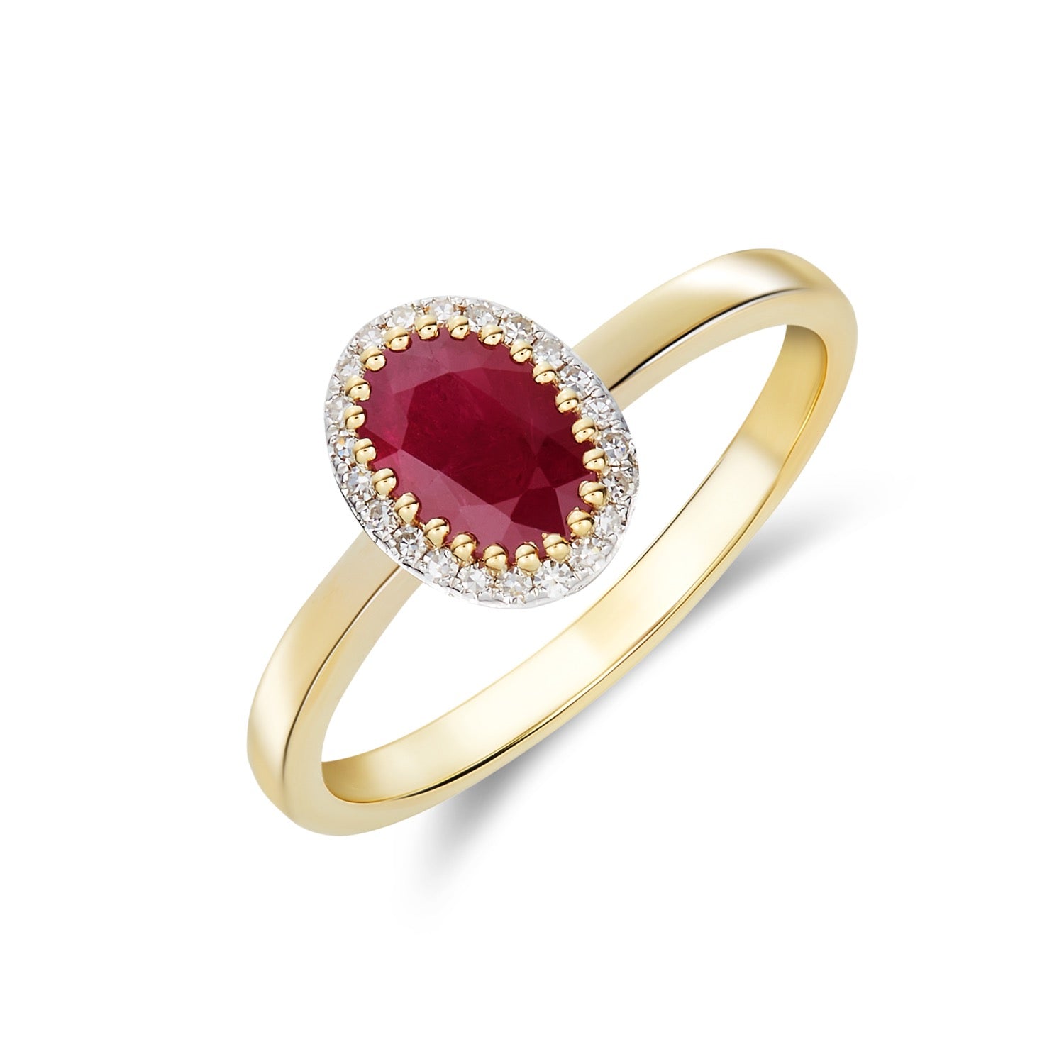 9CT YG 7X5 OVAL RUBY AND ROUND DIAMOND CLAW SET CLUSTER RING. RHODIUM TO DIAMONDS 1