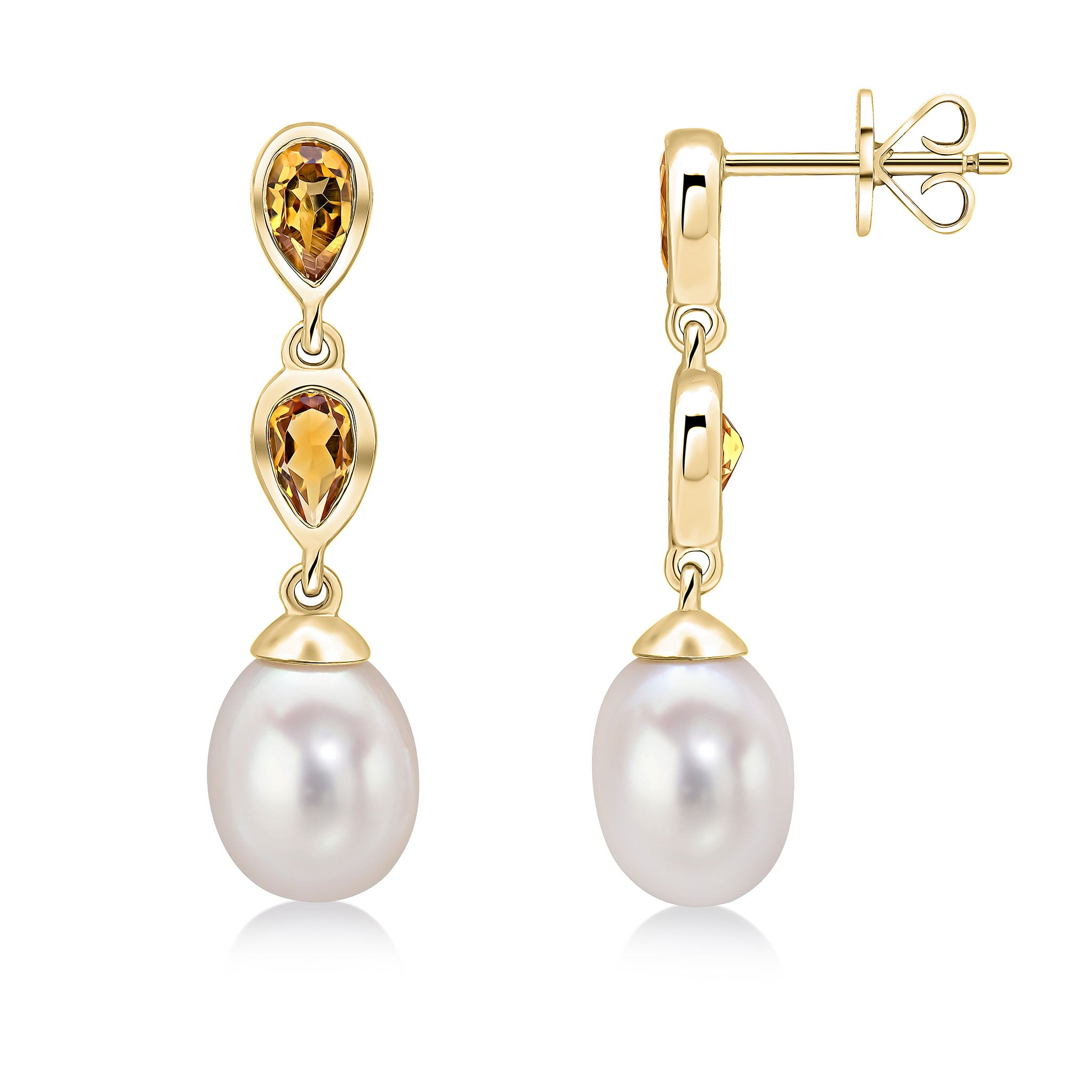 9ct Yellow Gold Pearl & Double Pear Shape Citrine Drop Earrings