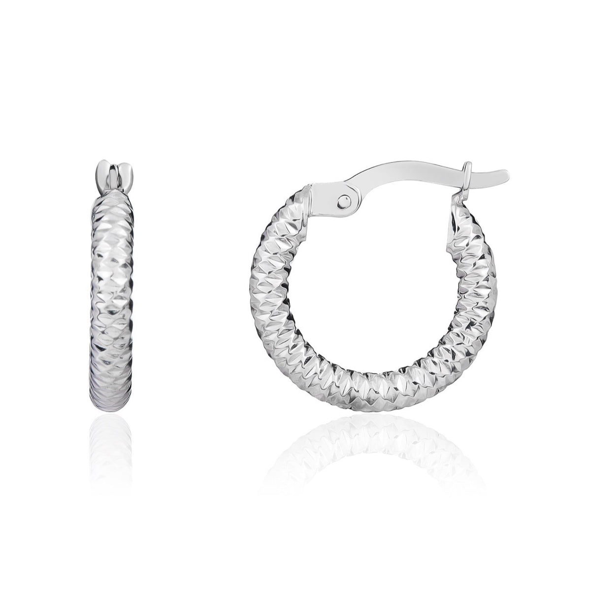9ct White Gold Diamond Cut Design Hoop Earrings