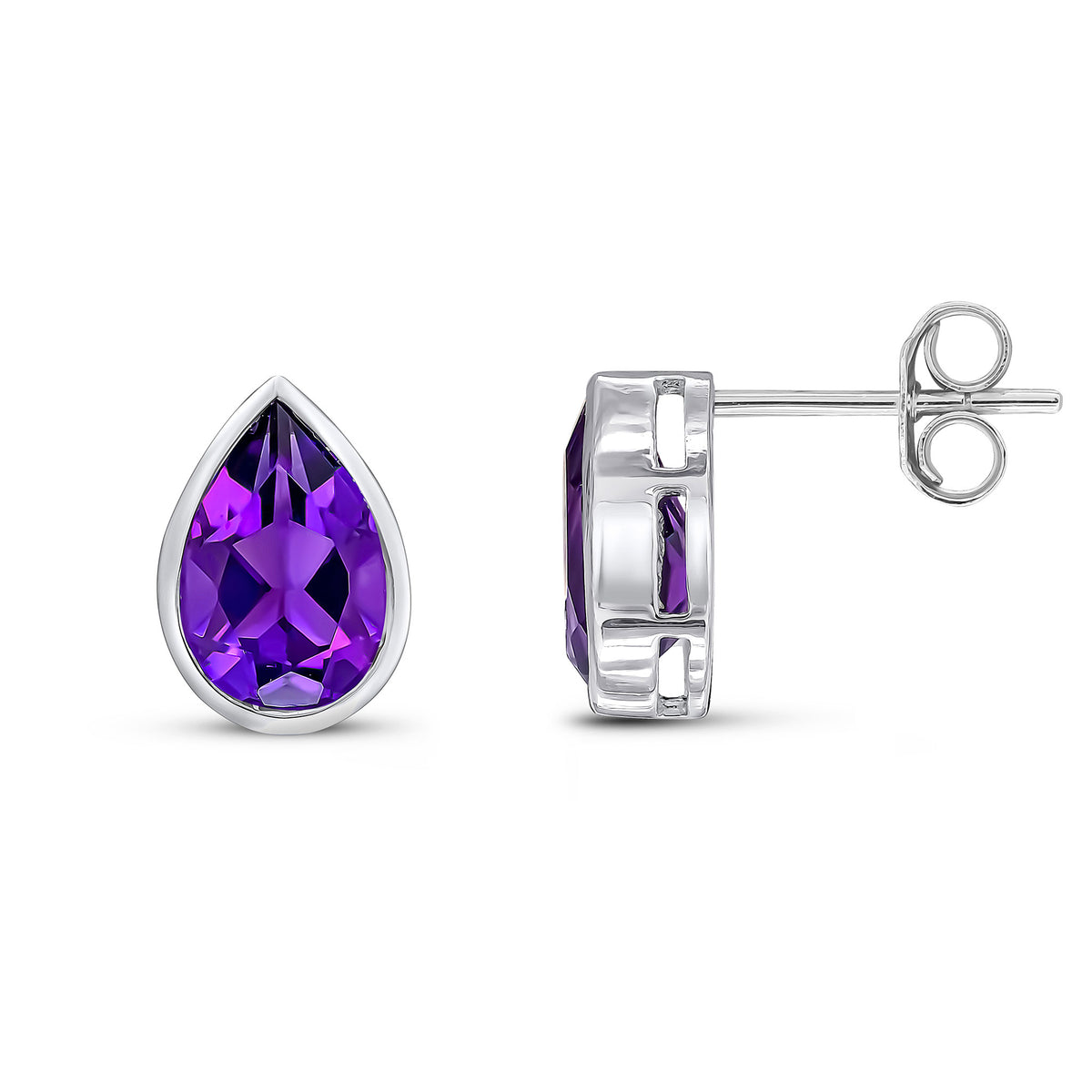 9ct White Gold Pear Shaped Amethyst Rubover Stud Earrings