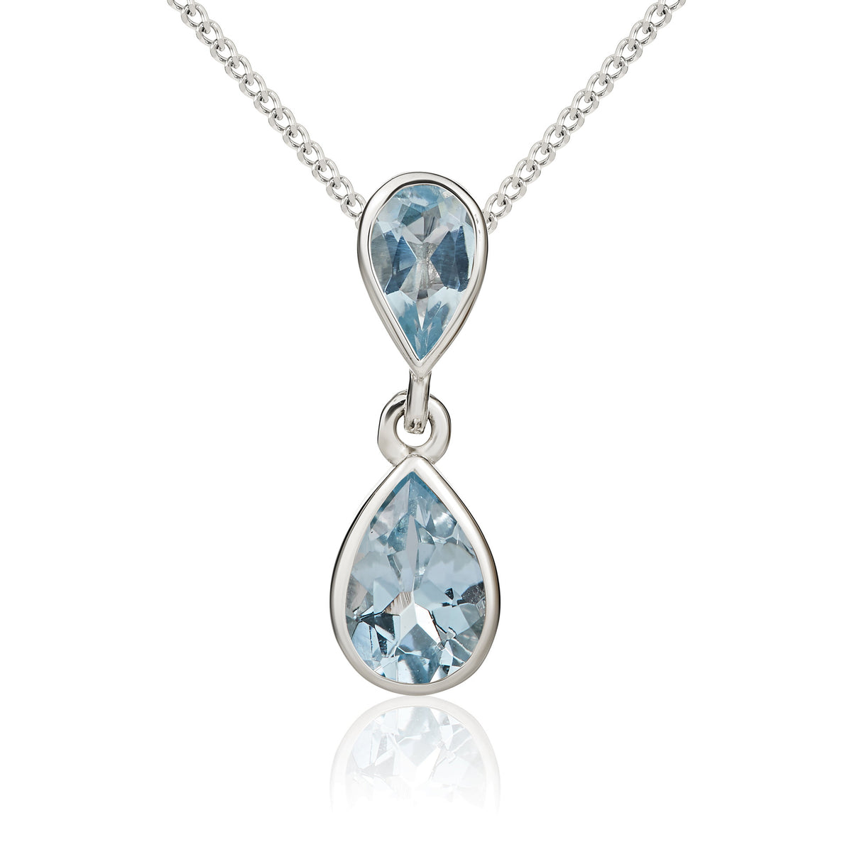 9ct White Gold Pear Shaped Aquamarine Rubover Double Drop Pendant