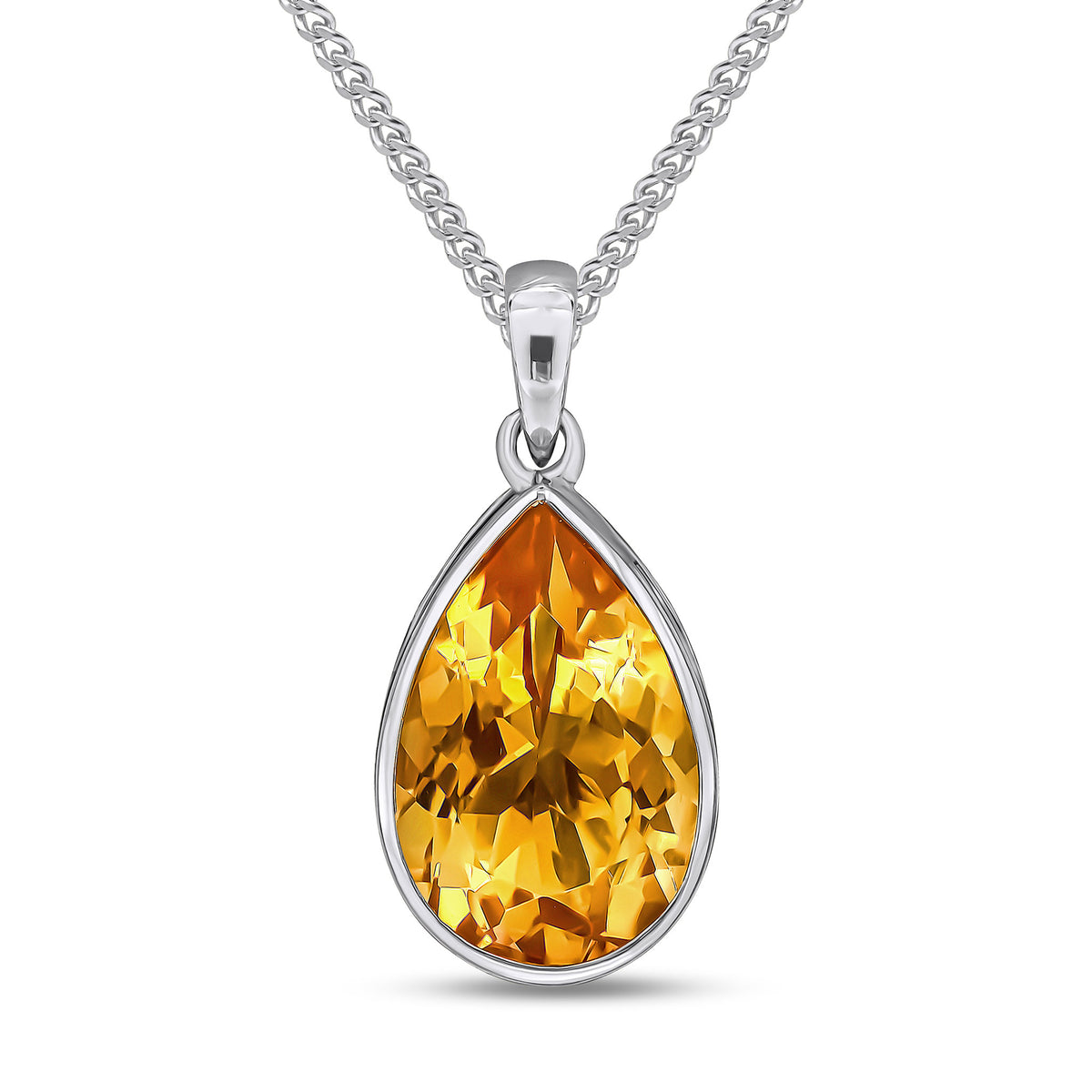 9ct White Gold 14x9 Pear Shape Citrine Rubover Pendant