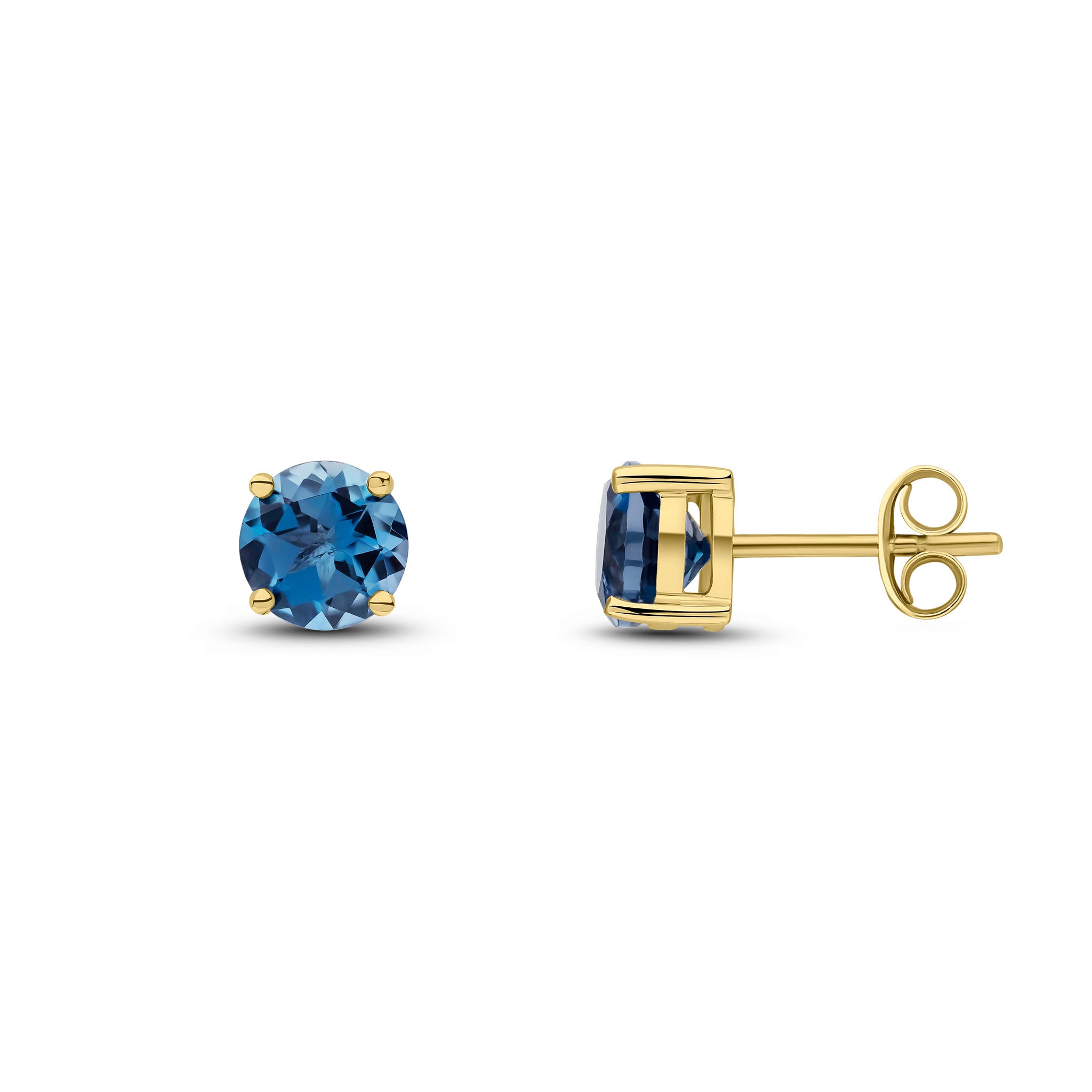 9ct Yellow Gold 6mm Round London Blue Topaz 4 Claw Earrings