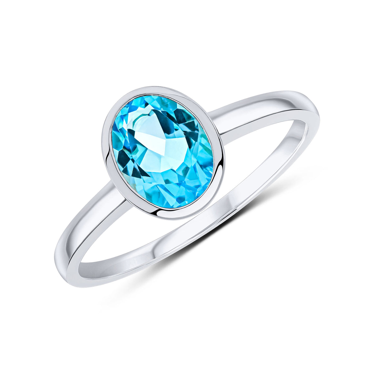 9ct White Gold 8x6 Oval Swiss Blue Topaz Single Stone Rubover Ring