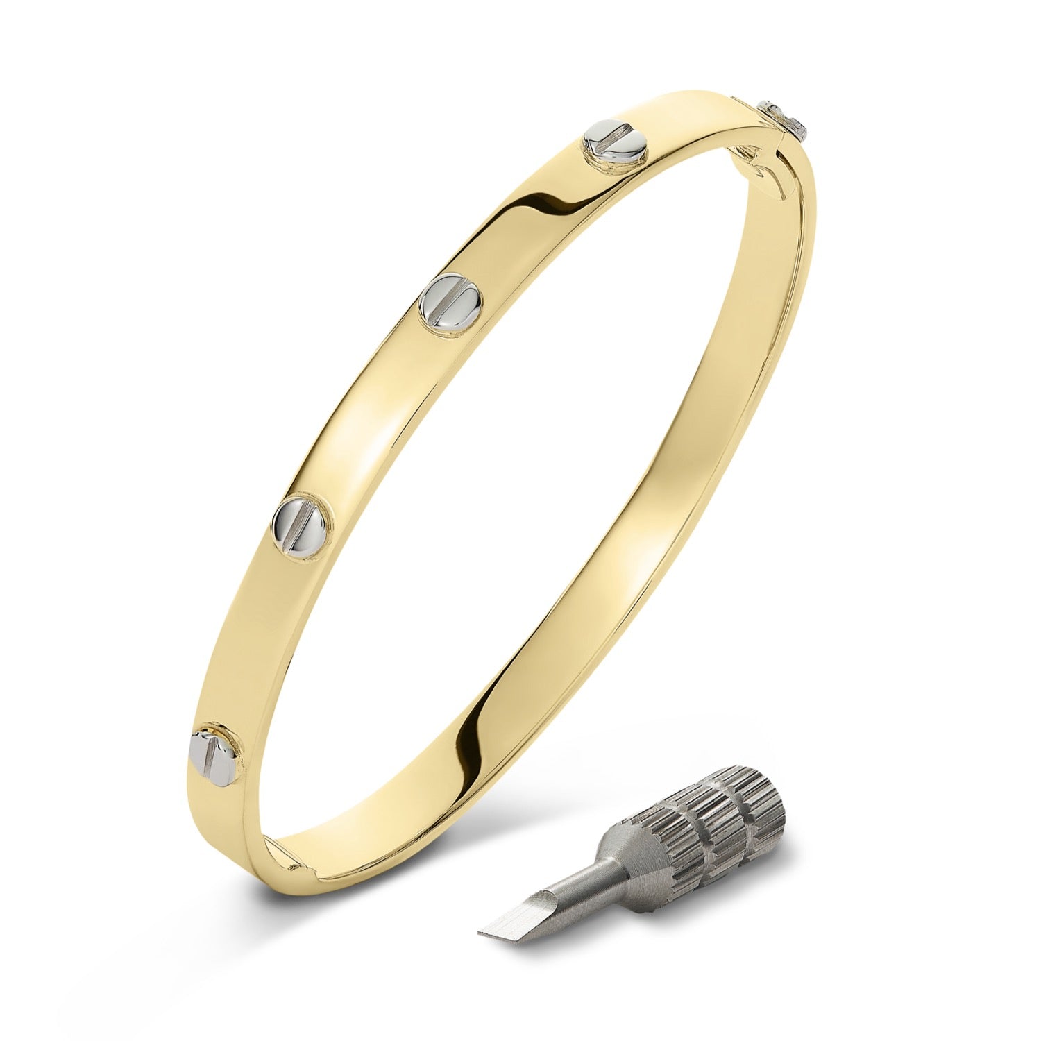 9ct Yellow Gold Square Section Solid Bangle with White Gold Screws