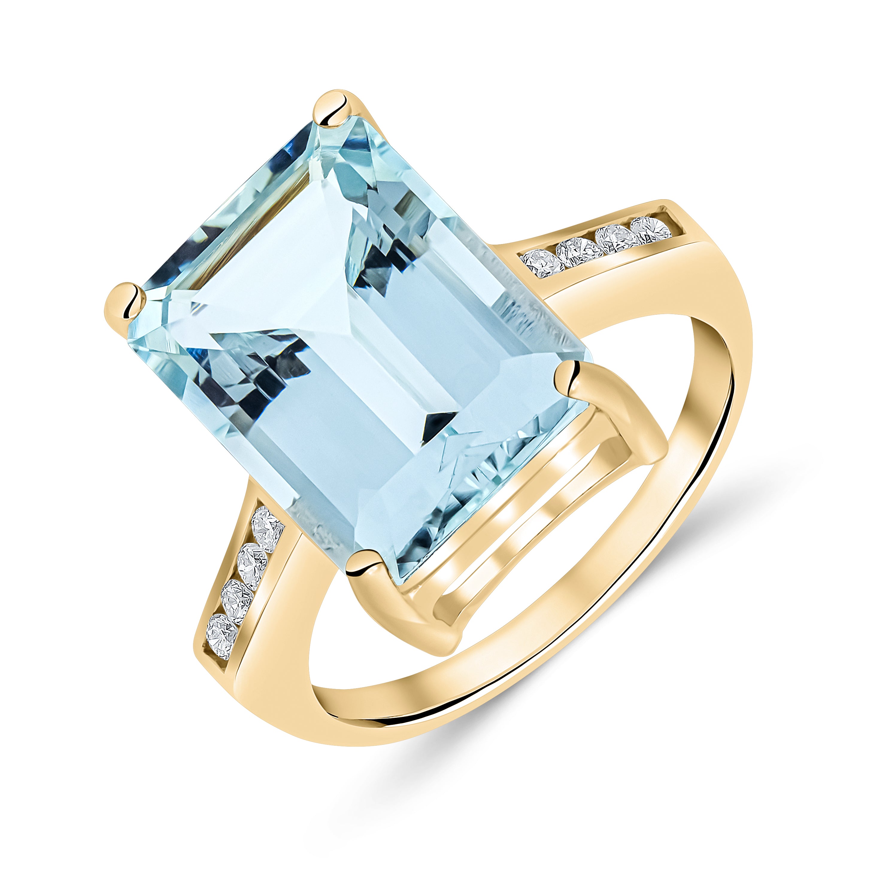 9CT YG CLAW SET 14X10 OCTAGON AQUA SINGLE STONE RING WITH ROUND DIAMOND CHANNEL SET SHOULDERS* currently unavailable to order due to stone sourcing * 1