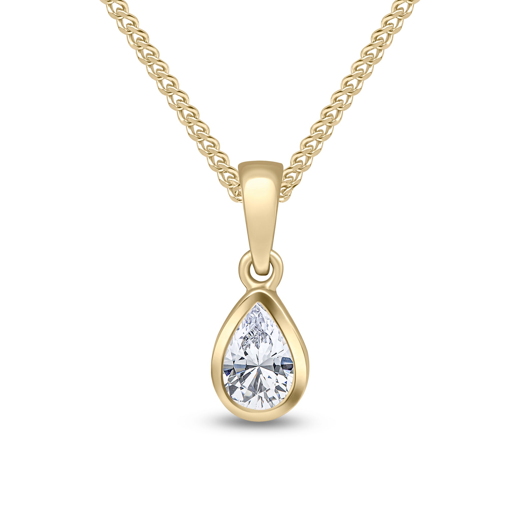 9ct Yellow Gold 6x4 Pear Shape CZ Rubover Single Stone Pendant