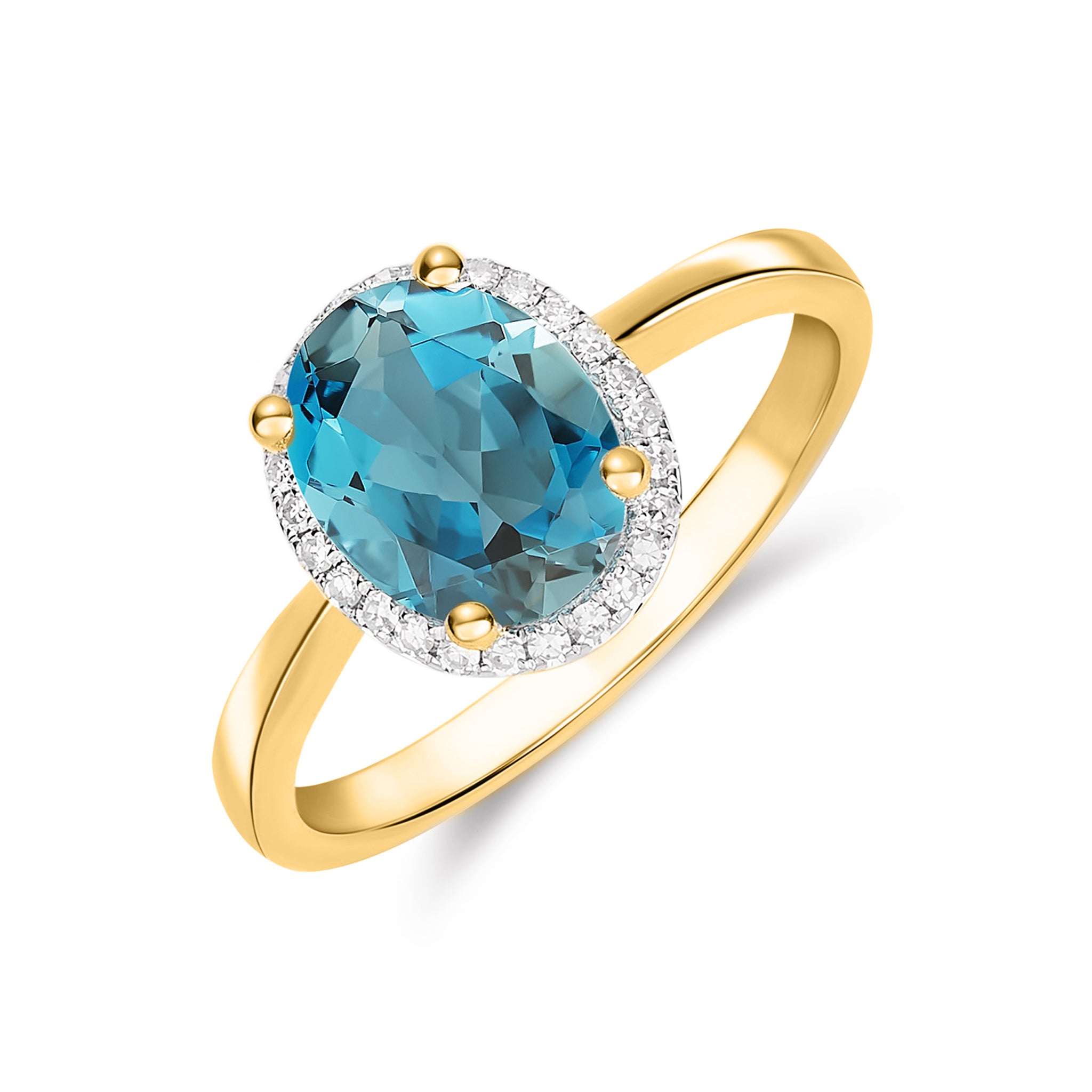 9CT YG 9X7 OVAL LONDON BLUE TOPAZ AND DIAMOND CLAW SET CLUSTER RING. RHODIUM TO DIAMONDS 1