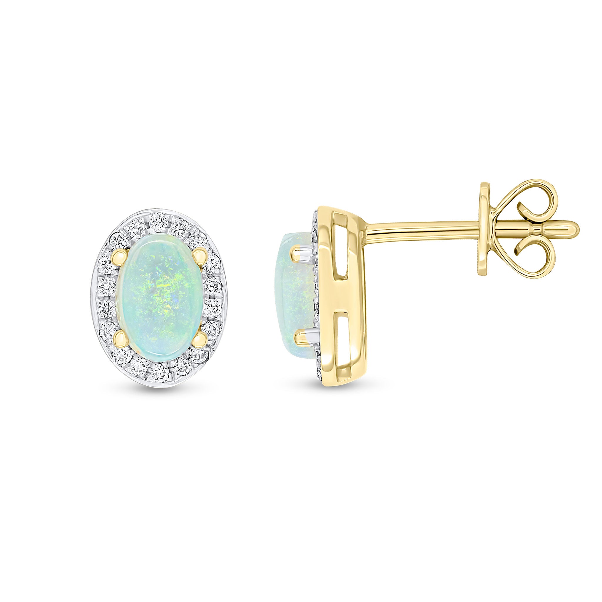 18ct Yellow Gold Claw Set 6x4 Oval Opal and Grain Set Round Diamond Cluster Earrings Rhodium to Diamonds