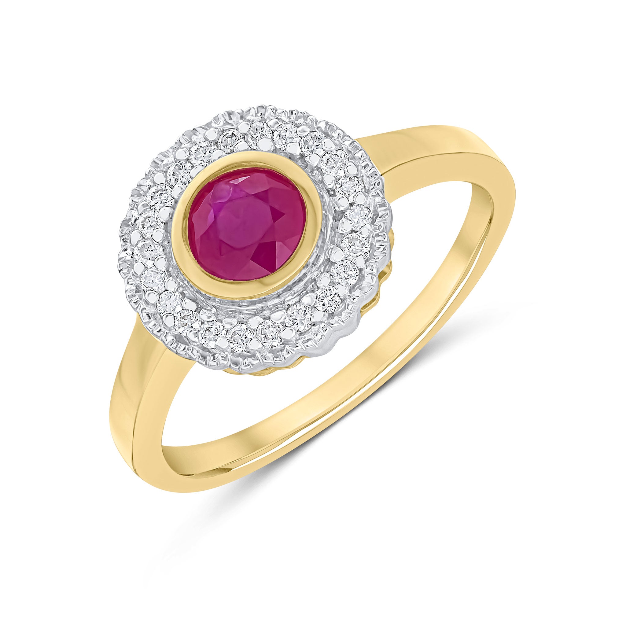 9ct Yellow Gold Round Rubover Ruby and Milgrain Round Diamond Cluster Ring Rhodium to Diamonds