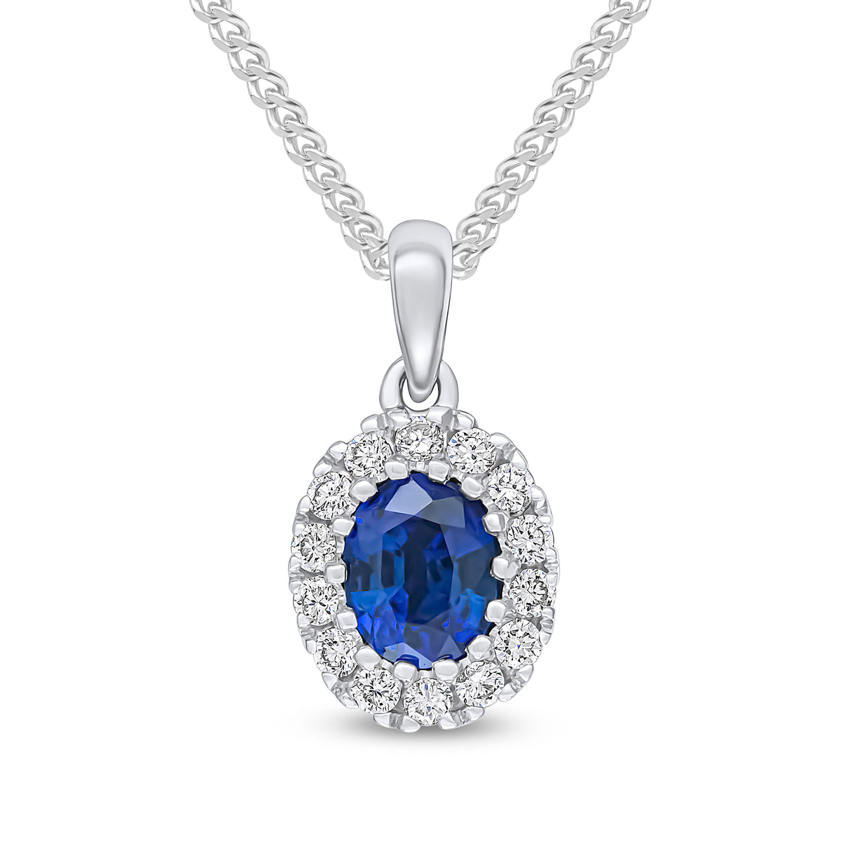 18ct White Gold 5x4 Oval Sapphire & Diamond Claw Cluster Pendant