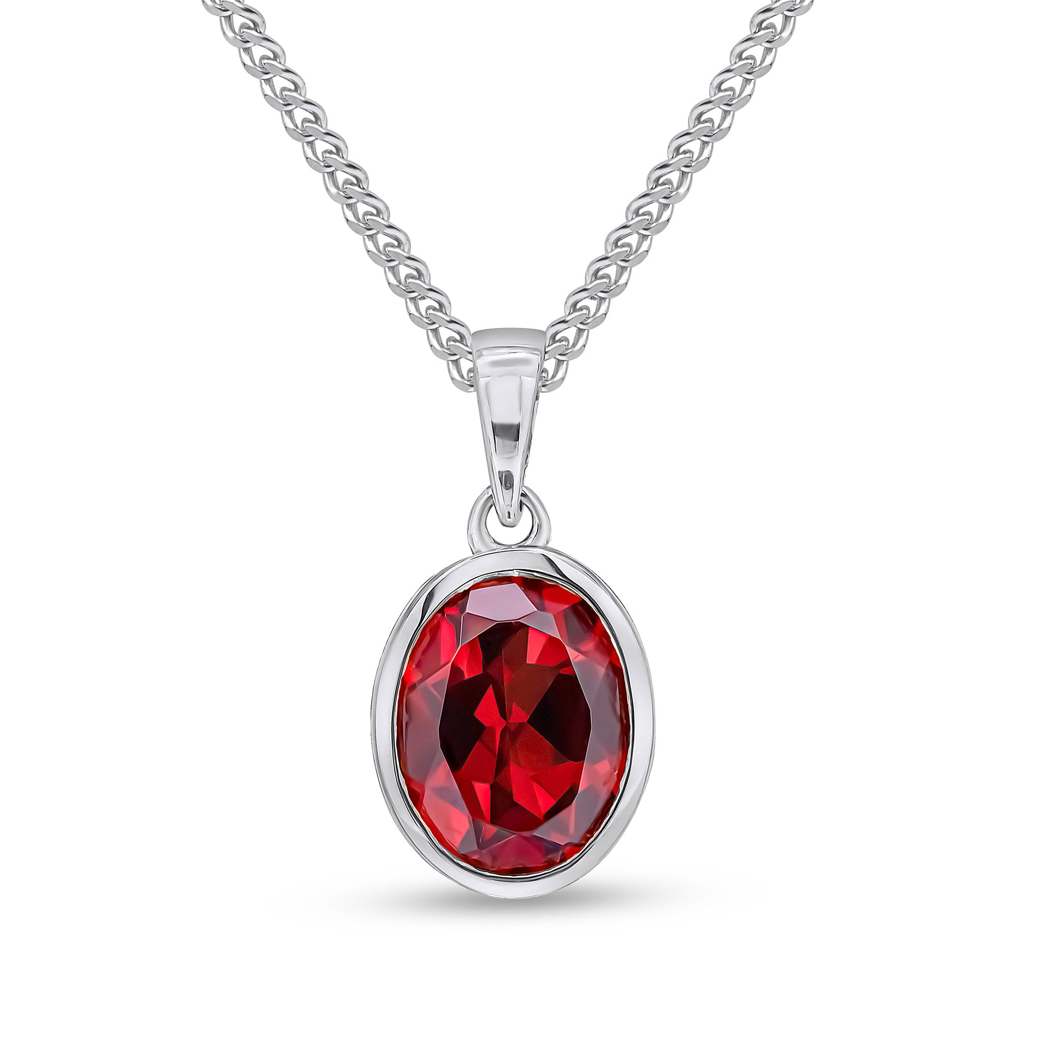 9ct White Gold 9x7mm Oval Garnet Single Stone Rubover Pendant with Plain Loop