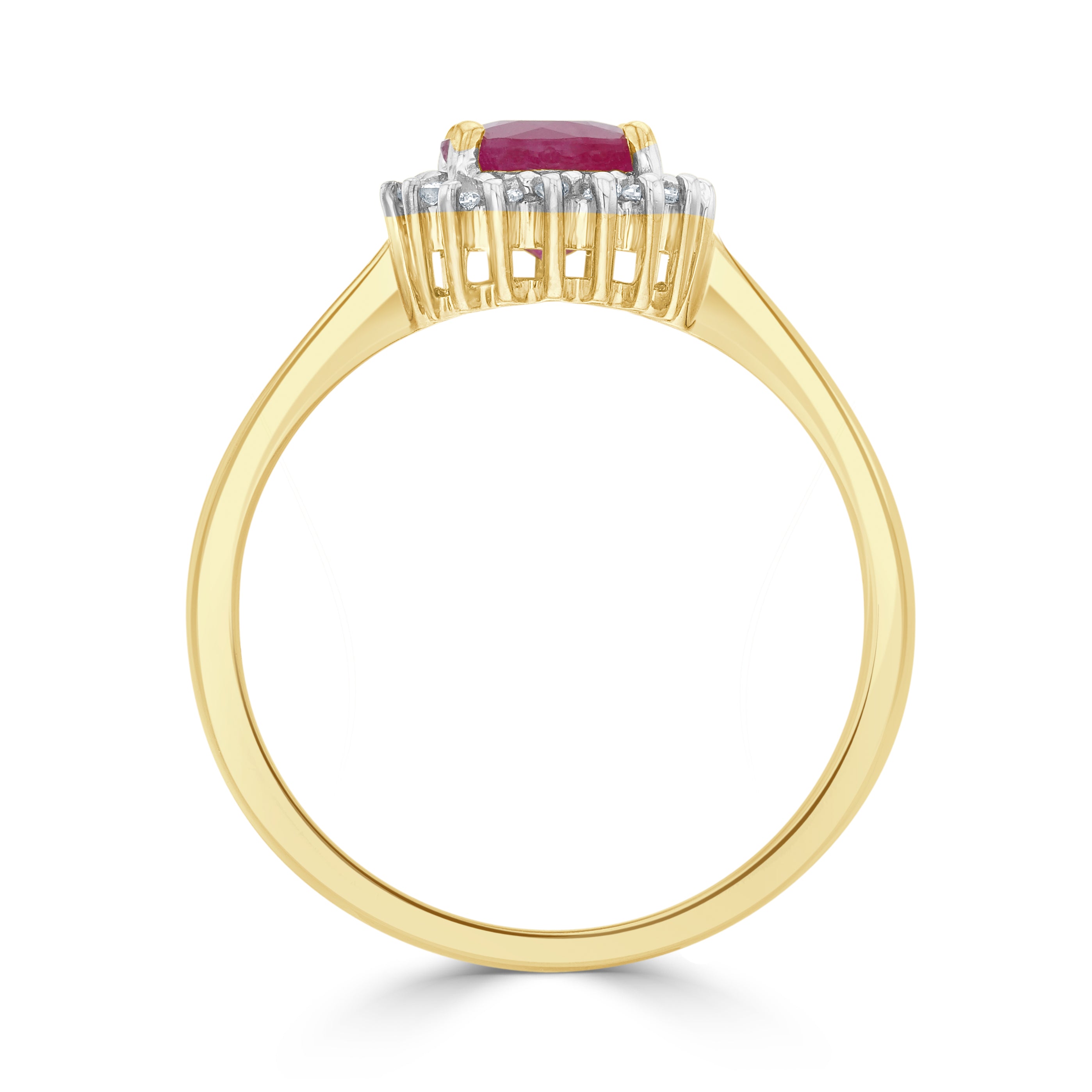 9CT YG 6MM ROUND RUBY & DIAMOND CLAW SET CLUSTER RING. RHODIUM TO DIAMONDS 1