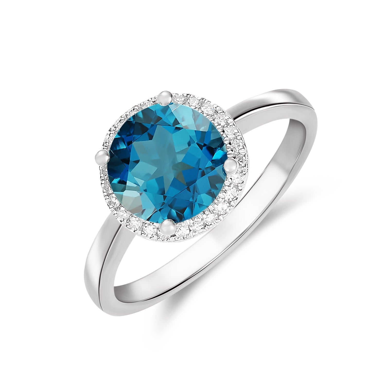 9CT WG 8MM ROUND LONDON BLUE TOPAZ AND DIAMOND CLAW CLUSTER RING 1