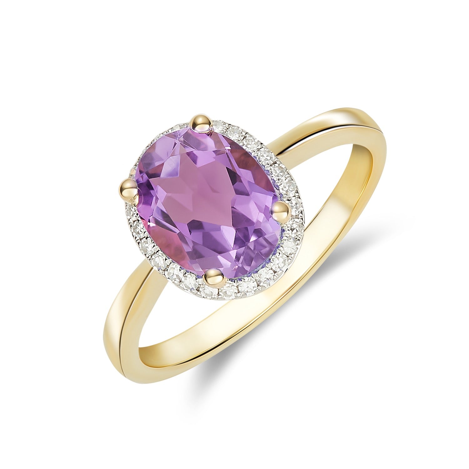 9ct Yellow Gold 9x7 Oval Amethyst & Diamond Claw Set Cluster Ring Rhodium to Diamonds