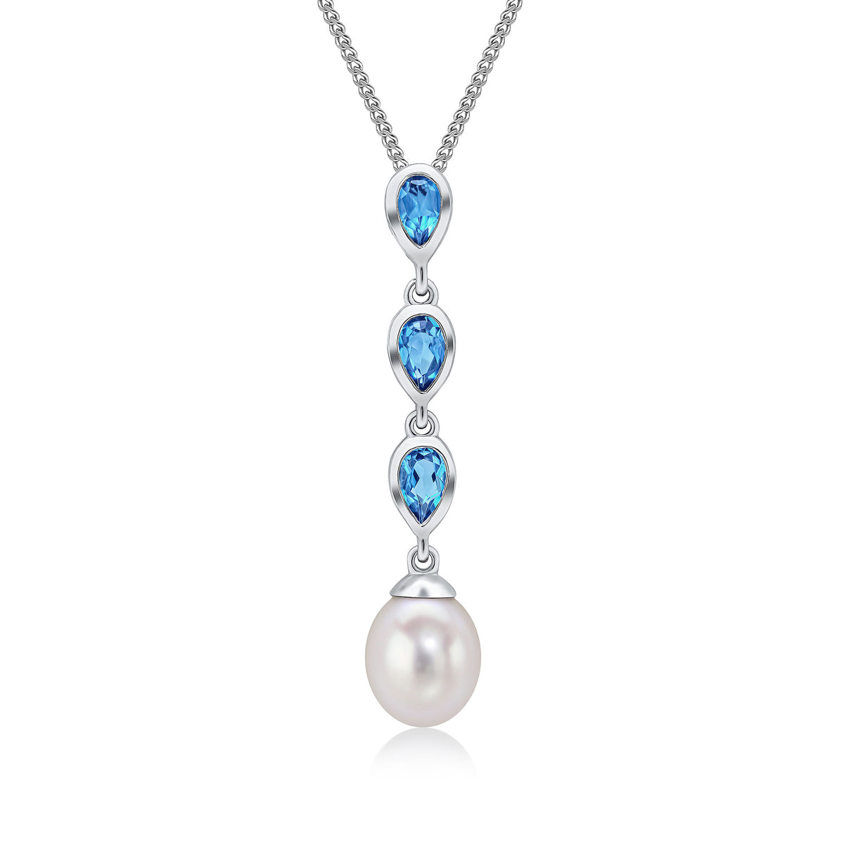9ct White Gold Pearl & Triple Pear Shape London Blue Topaz Drop Pendant