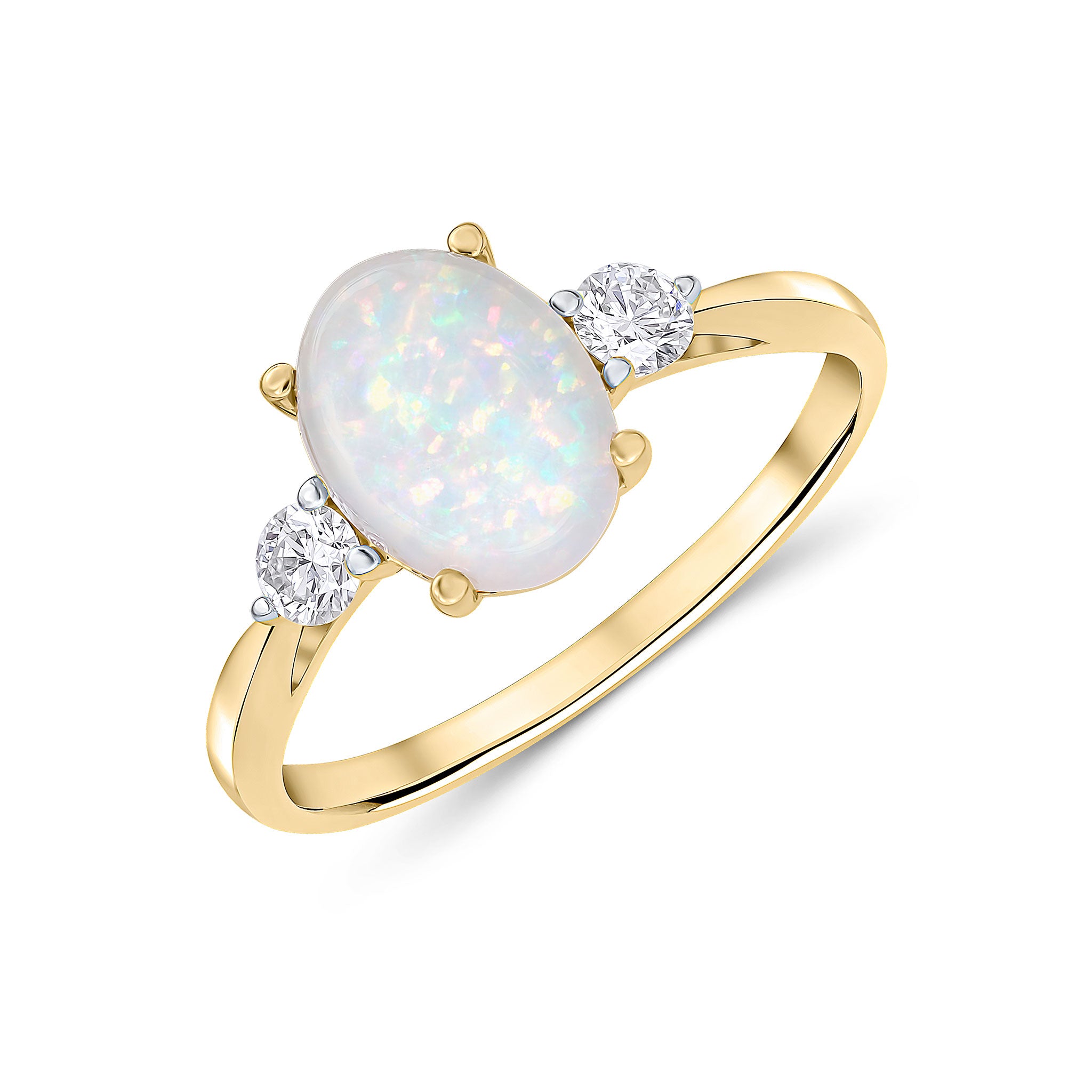 18ct Yellow Gold 9x7 Oval Opal & Diamond Claw Set 3 Stone Ring Rhodium to Diamonds