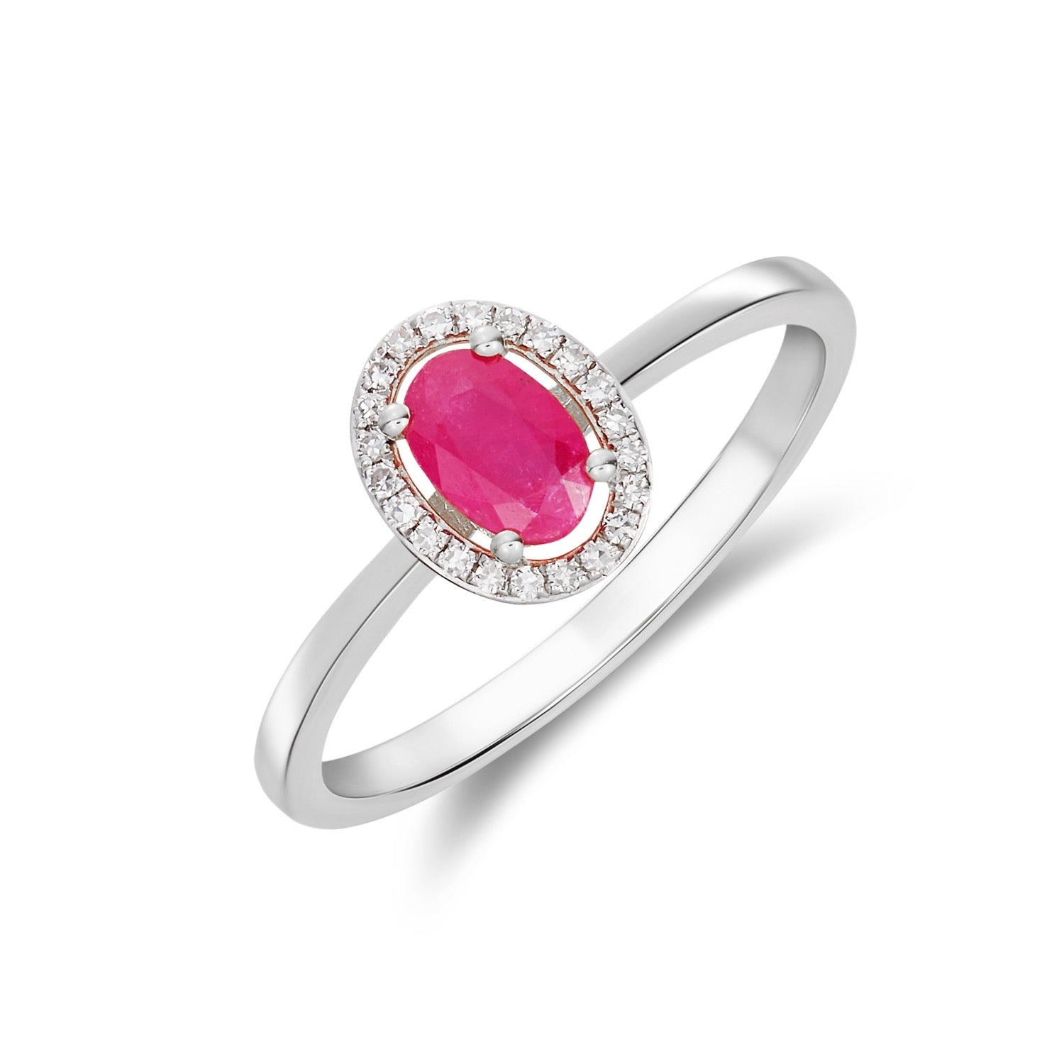 9ct White Gold 6x4 Oval Ruby and Round Diamond Halo Cluster Ring