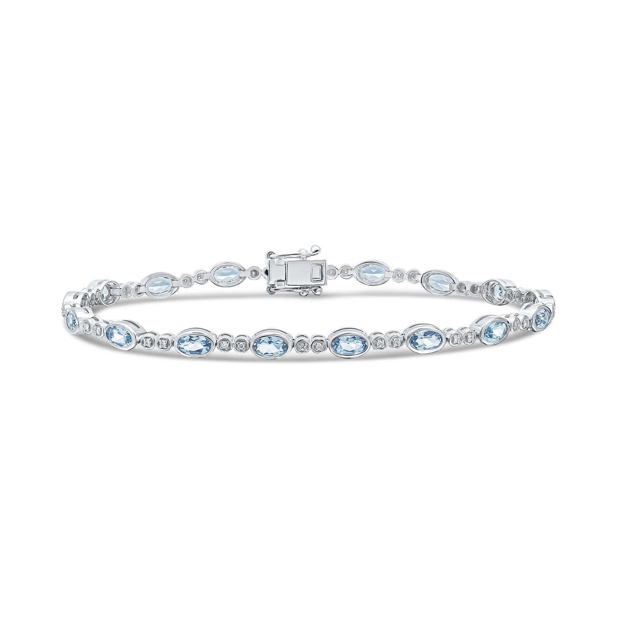 18ct White Gold Oval Aquamarine and 2 Stone Round Diamond Rubover Line Bracelet