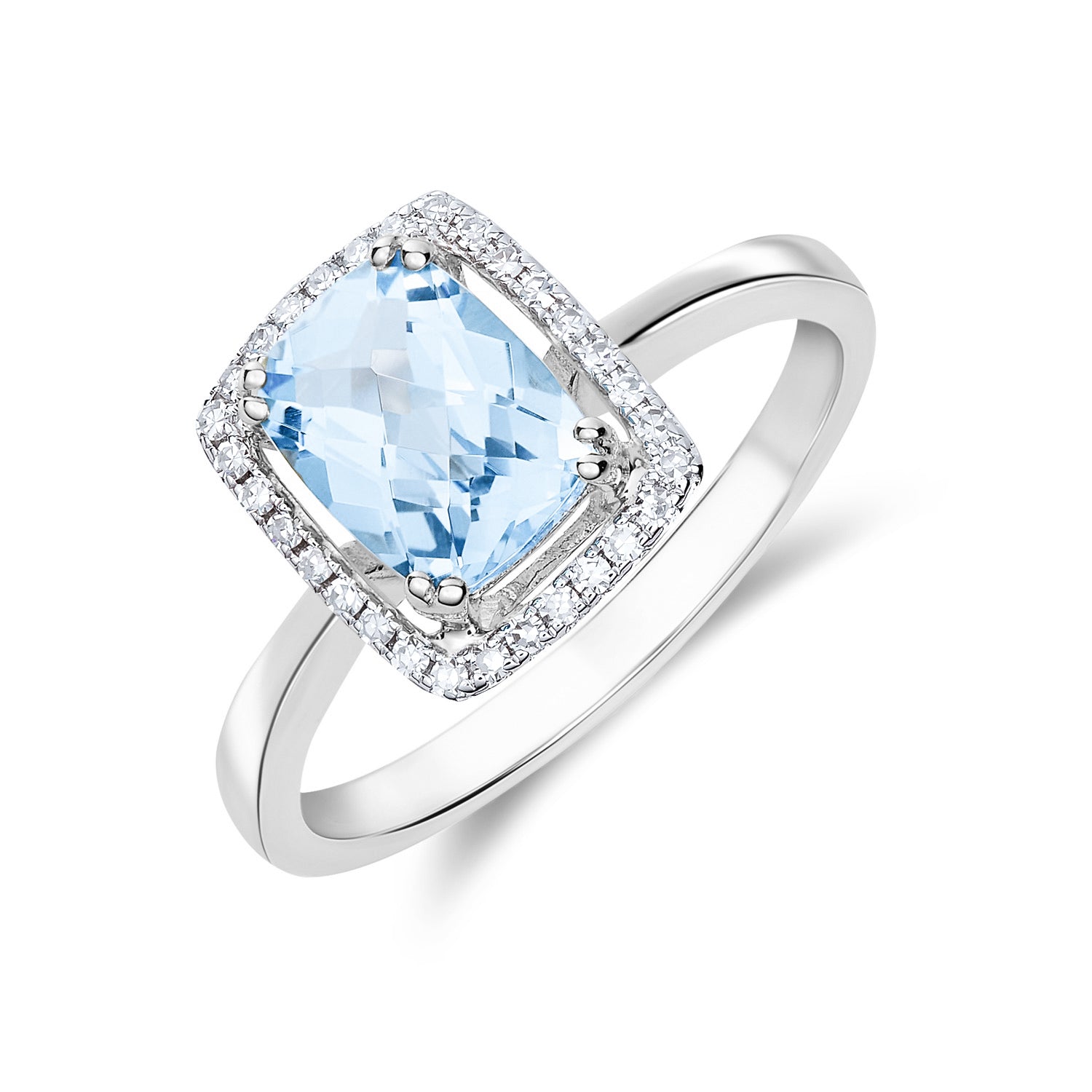 9ct White Gold 8x6 Cushion Checkerboard Cut Aquamarine & Diamond Halo Cluster Ring