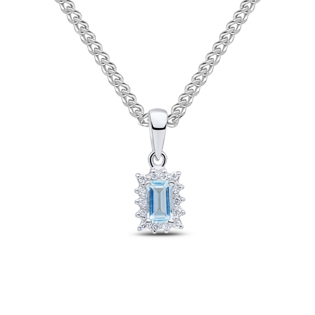 9ct White Gold 5x3 Octagon Aquamarine & Diamond Claw Set Cluster Pendant