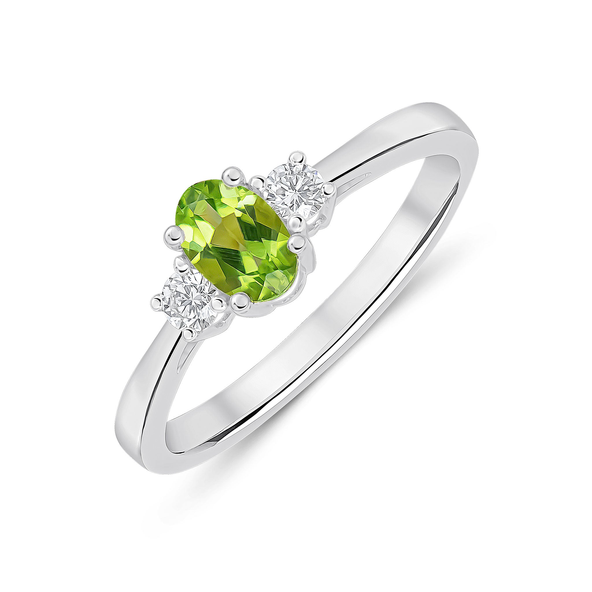 9CT WG 6X4 OVAL PERIDOT AND ROUND DIAMOND CLAW SET 3ST RING 1