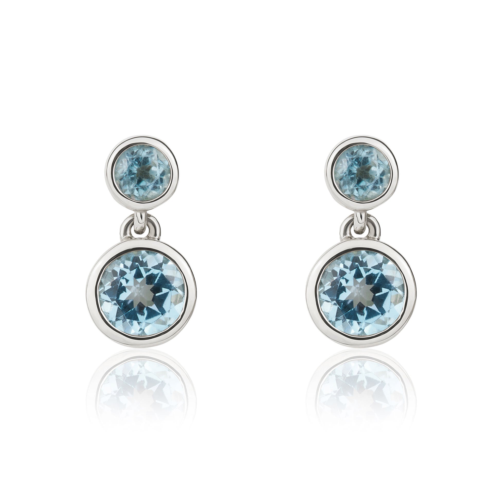 9ct White Gold Round Swiss Blue Topaz Rubover 2 Stone Drop Earrings