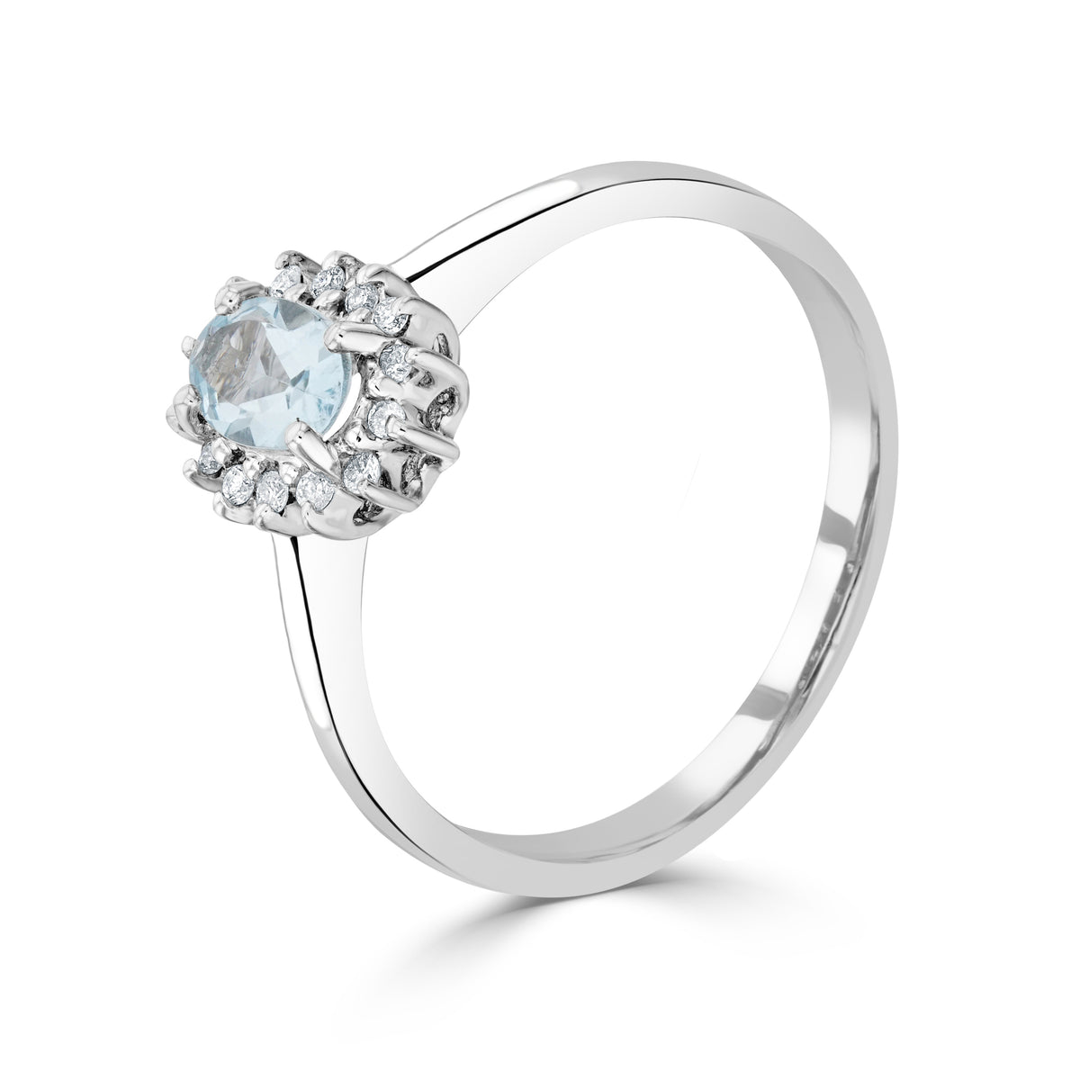 9ct White Gold 6x4 Oval Aquamarine & Diamond Claw Set Cluster Ring