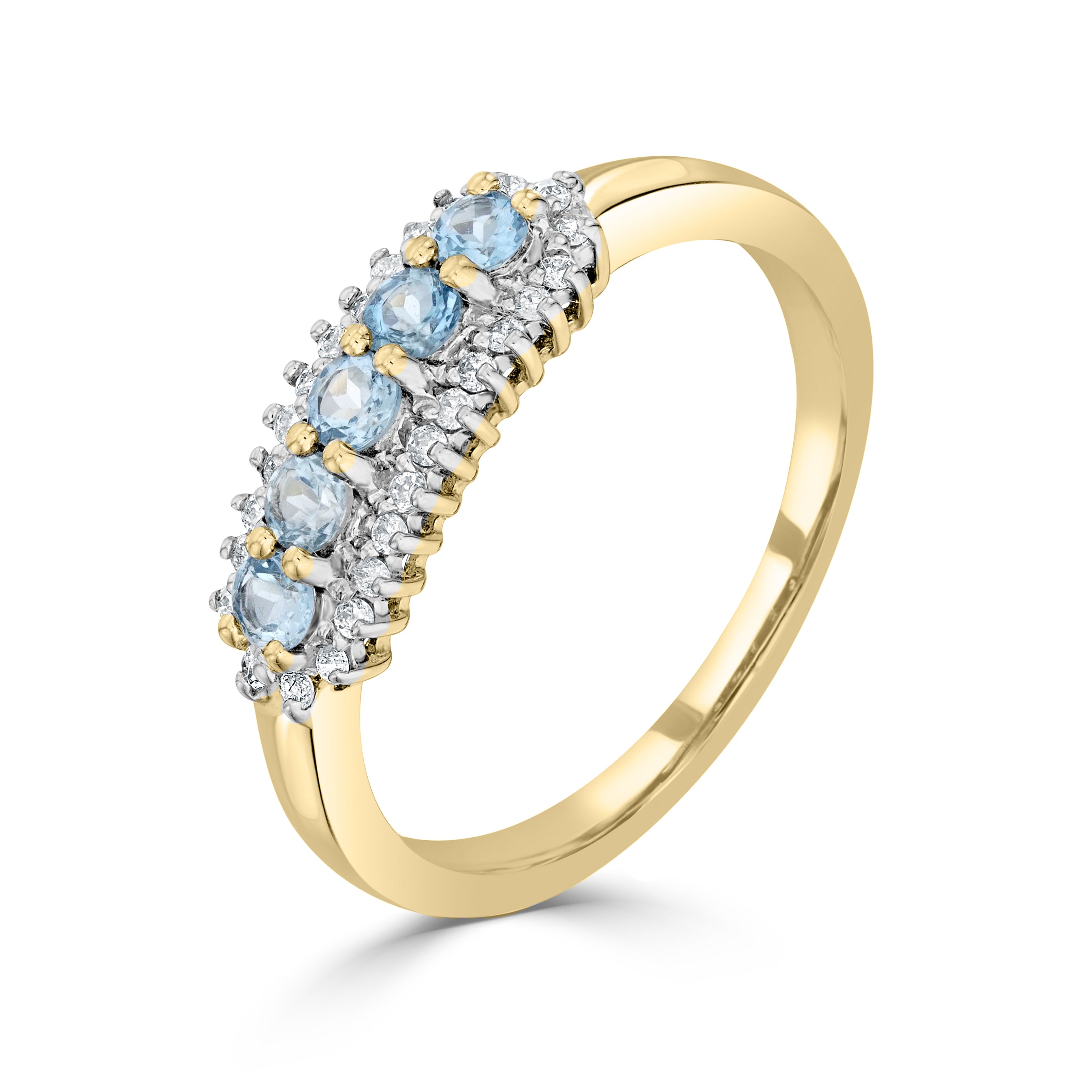 9ct Yellow Gold Round Aquamarine and Round Diamond 3 Row Claw Set Band Ring Rhodium to Diamonds