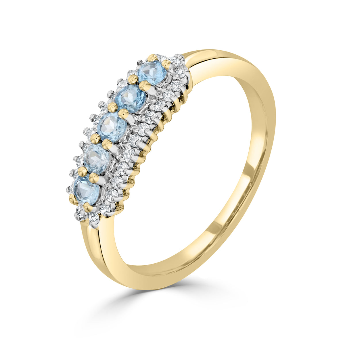 9ct Yellow Gold Round Aquamarine and Round Diamond 3 Row Claw Set Band Ring Rhodium to Diamonds