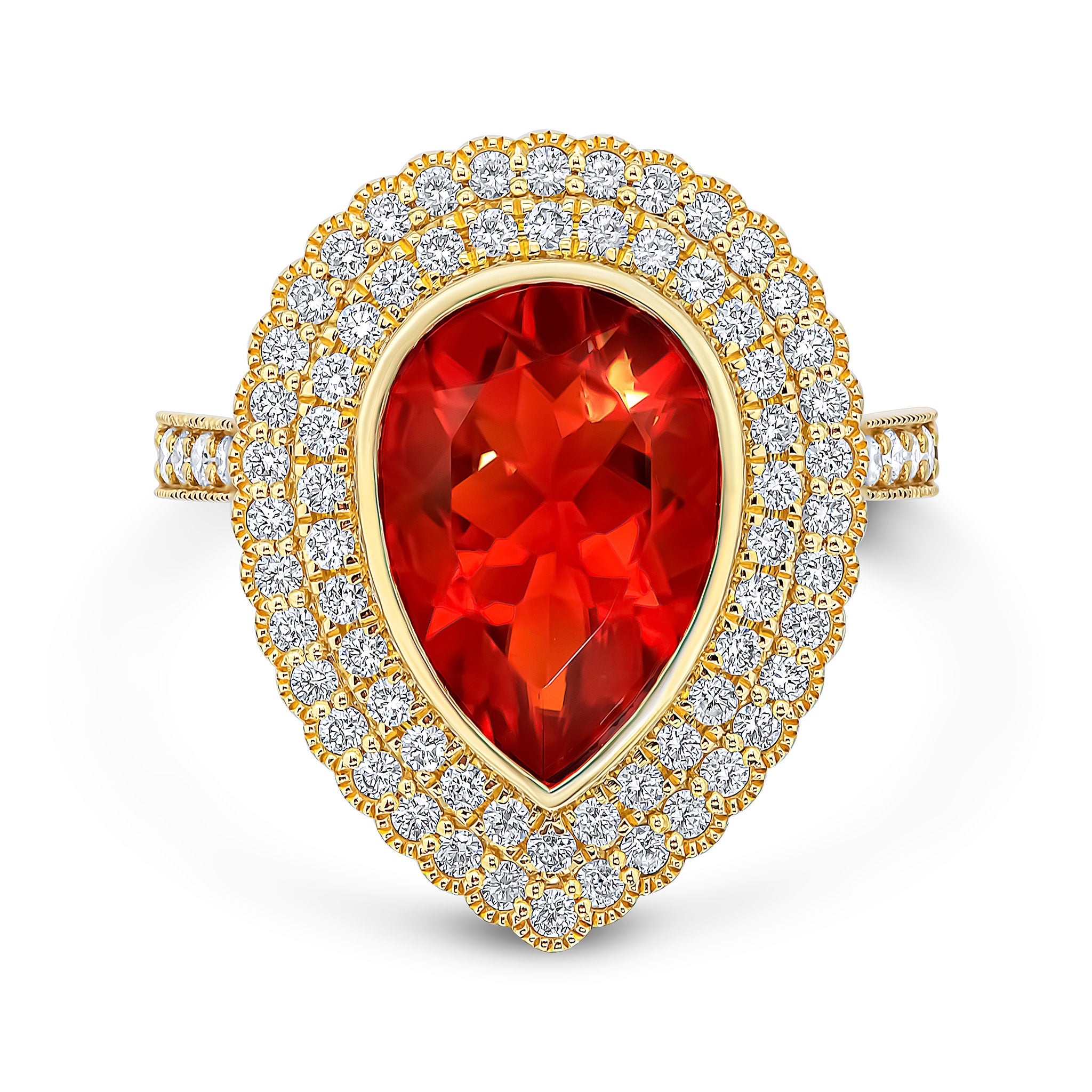 18yg Pear Shape Fire Opal & Diamond 2 Row Cluster Ring Diamonds On Shoulders